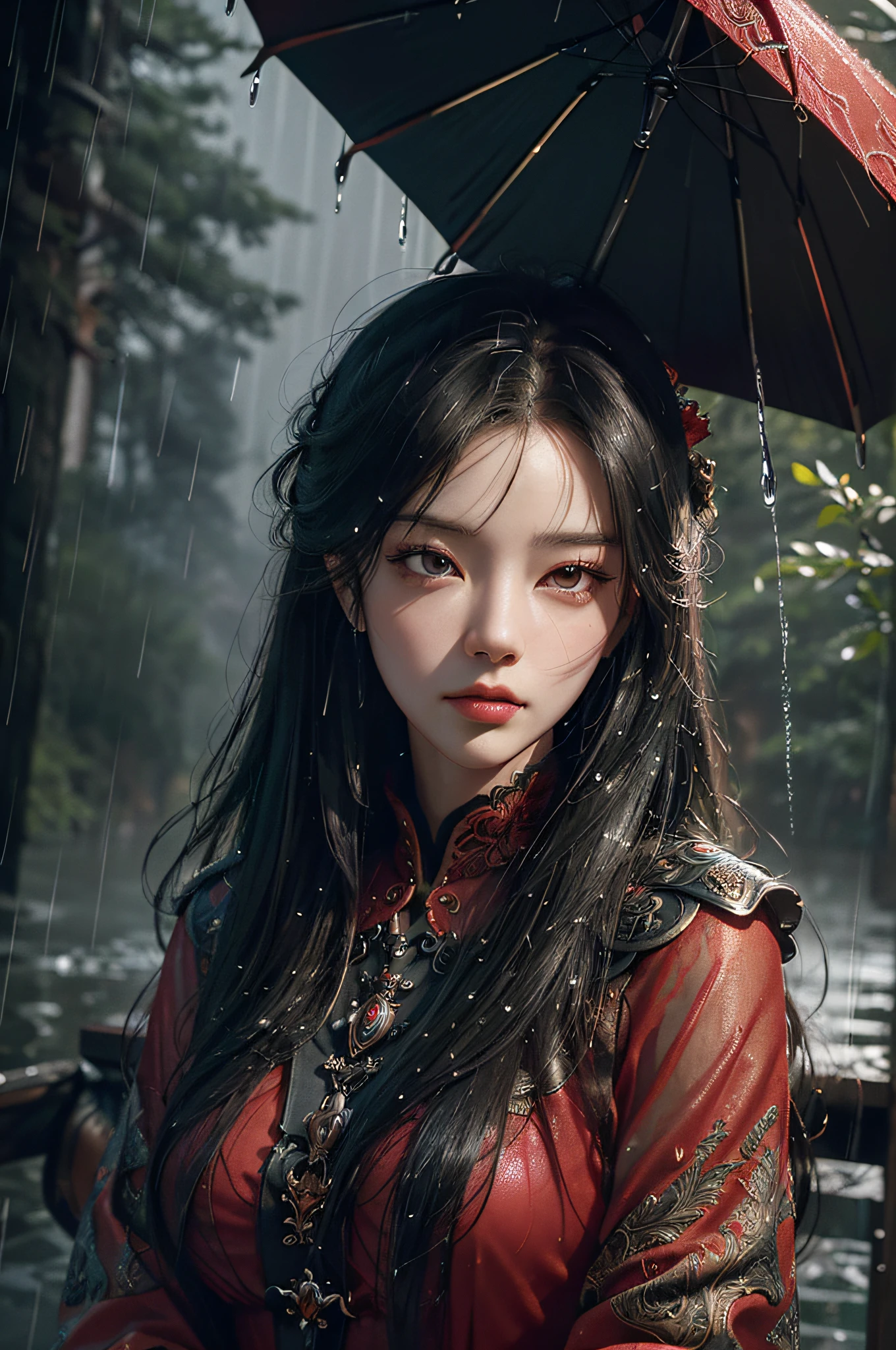 Close-up of a woman in a red and black dress, chengwei pan on artstation, by Yang J, detailed fantasy art, Stunning character art, Fanart Meilleure ArtStation, epic exquisite character art, Beautiful armor, Extremely detailed Artgerm, Detailed digital anime art, Artgerm on ArtStation Pixiv, Armour(Masterpiece:1.2, Best quality), (Real picture, Intricate details), (during night, Dark, heavy rain poured:1.4) In the forest, the surroundings were silent, Only raindrops hit the trees, Near and far;, making a slight rustling sound. In the cold rain, (1girll, Sad, Perfect eyes:1.2) are standing,Fold your arms over your chest,8K