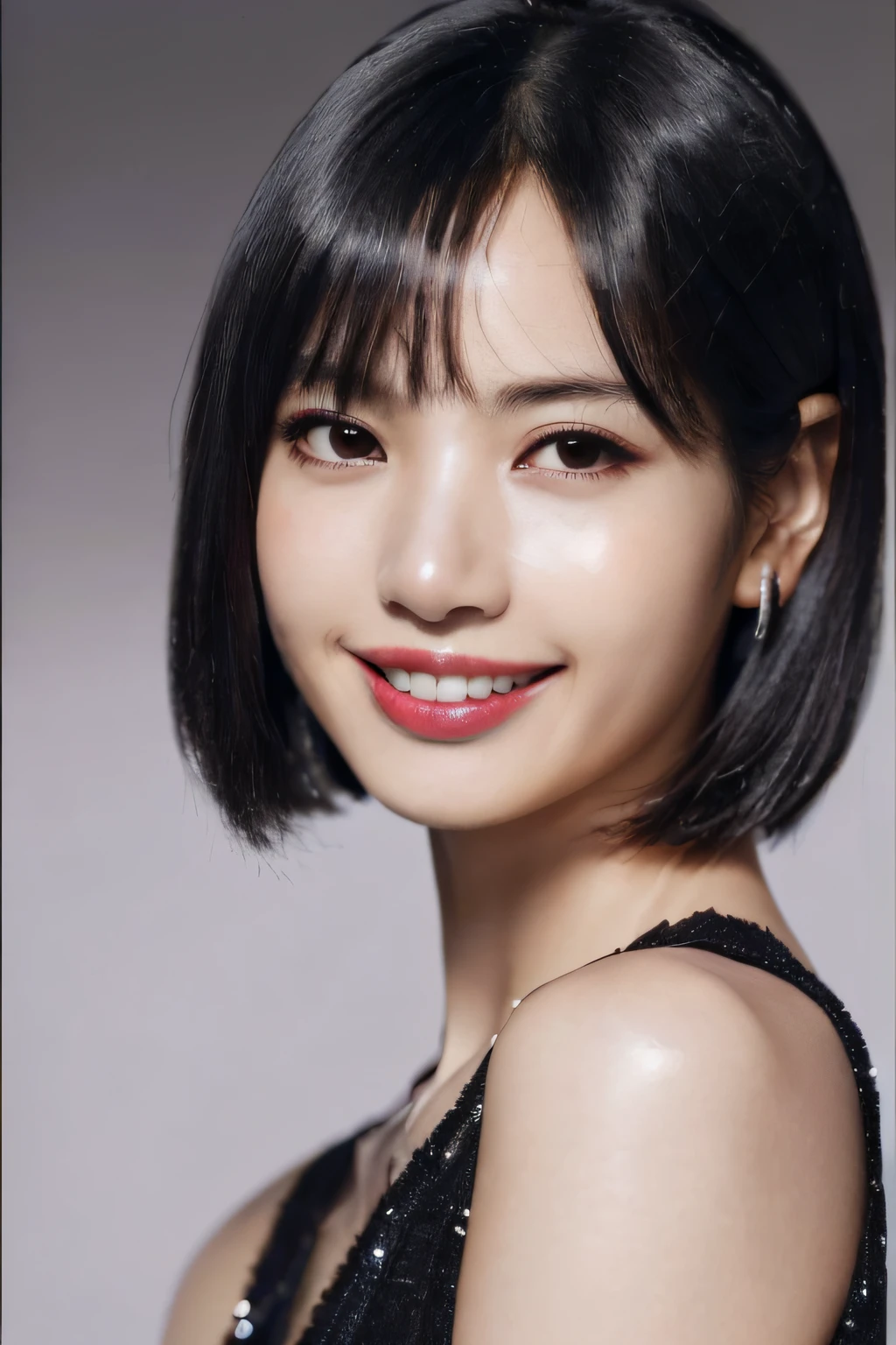 (masutepiece, Best Quality, beautiful quality, Photorealistic, Detailed Lighting, highlydetailed skin, very detail hair, shadowy, 8K, women's pictures, Black hair, Upper body, 1girl in, Smile, grin, squinting, teeth showing, Looking at Viewer, fcPortrait:1.2),