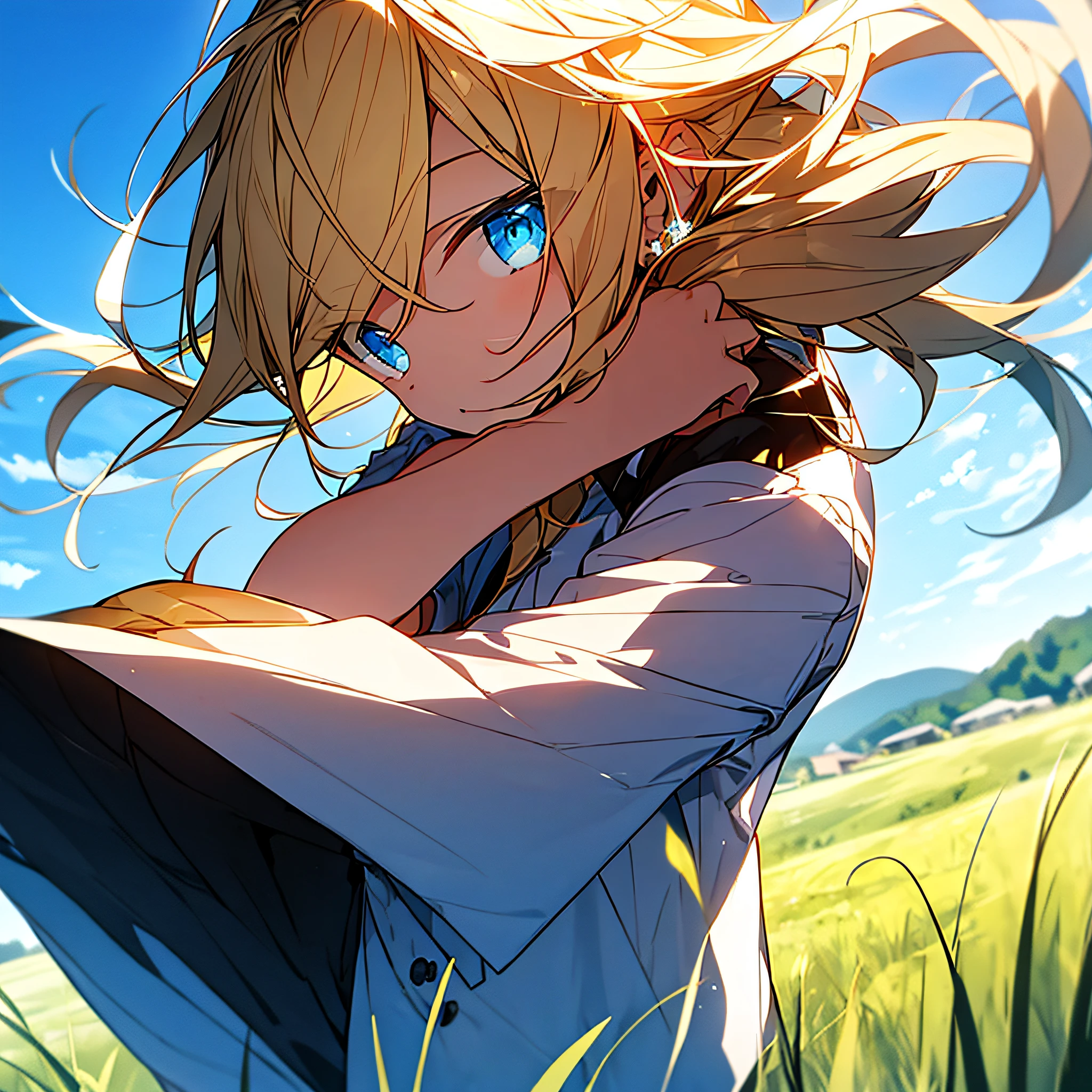 Male with blonde hair and blue eyes at a windy grass field, the sun has a slight shade of orange yellow