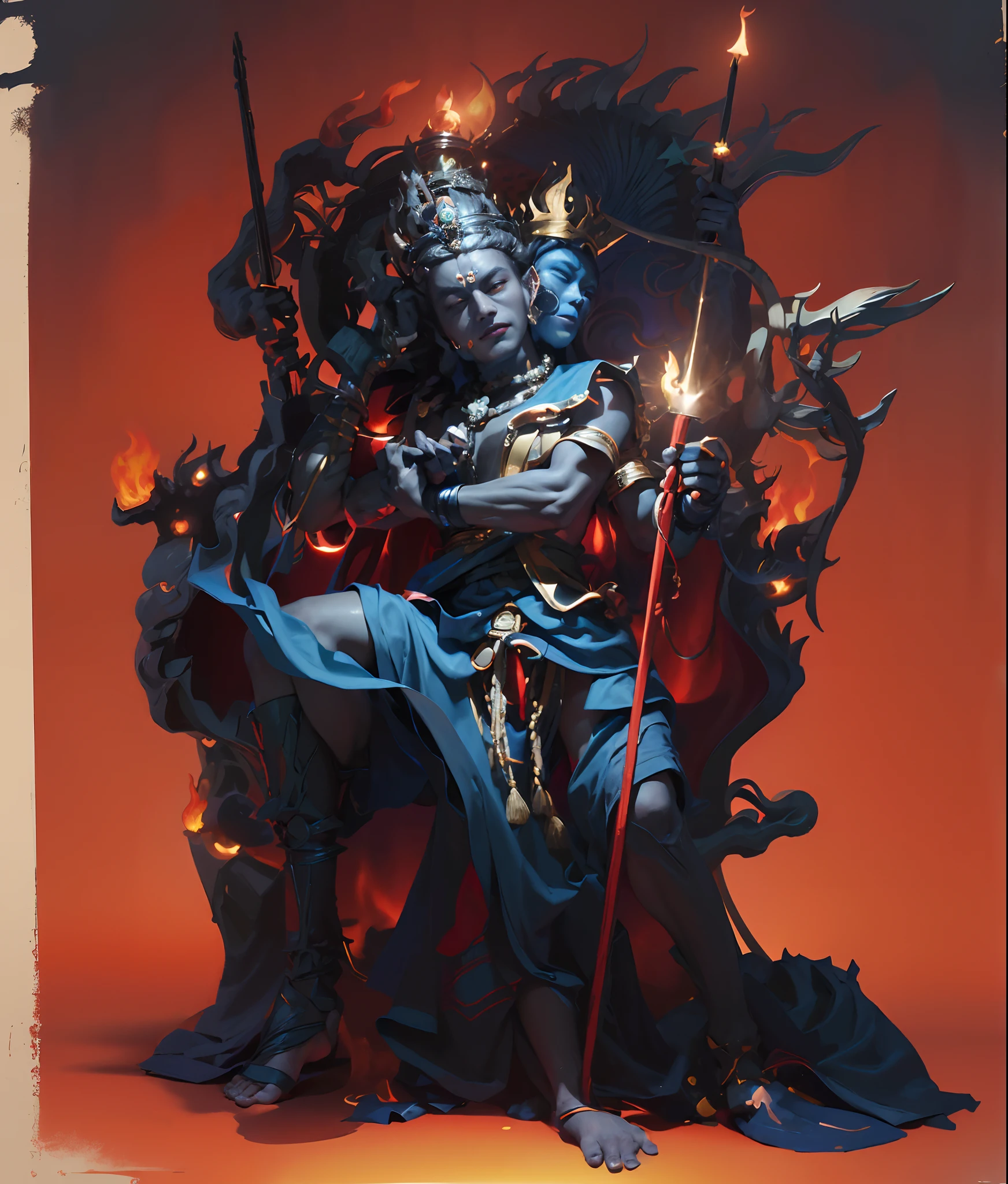 Blue-skinned man,(((David))),k hd,There is a crown on the head,(((Dark blue skin Vajra Lux))),buck teeth,poison fangs, feater, sbeard,gaze front,buck teeth,glaring eyes,mythical character,((( fight scenes))),(((One three-headed, Six-armed King Kong))),Vajra Lux stepped on one man and another man,(((The servant knelt at his feet 1:1),(((The servant raised his head))),(A man at his feet:1.1),The trampled person lies on the ground,Vajra Lux has a variety of weapons,cane in hand,(((Buddha beads in hand))),(((Bottle in hand))),(((Vajra Lux is surrounded by red flames))),Shirtless,musculature,Bare legs,Barefoot,One meter nine,small heads,long leges,Tall guy,(((Hold the mirror with one hand:1.1))),(Vajra pestle),(Lotus leaf),The body is well-proportioned,Long legs,Straight back,(((Heads-up))),Muscular body,Perfect proportions,(((Coarse cloth clothes))),(((Ancient Roman clothing))),coarse cloth,There are muscles,(((Shirtless))),(((Head background with round light))),(((Behind it is the sun))),(((The man emits a bright and dazzling light))),Barefoot on both feet,Step on the lotus leaf,photorealestic,Realiy,超高分辨率,professional photoshooting,tmasterpiece,