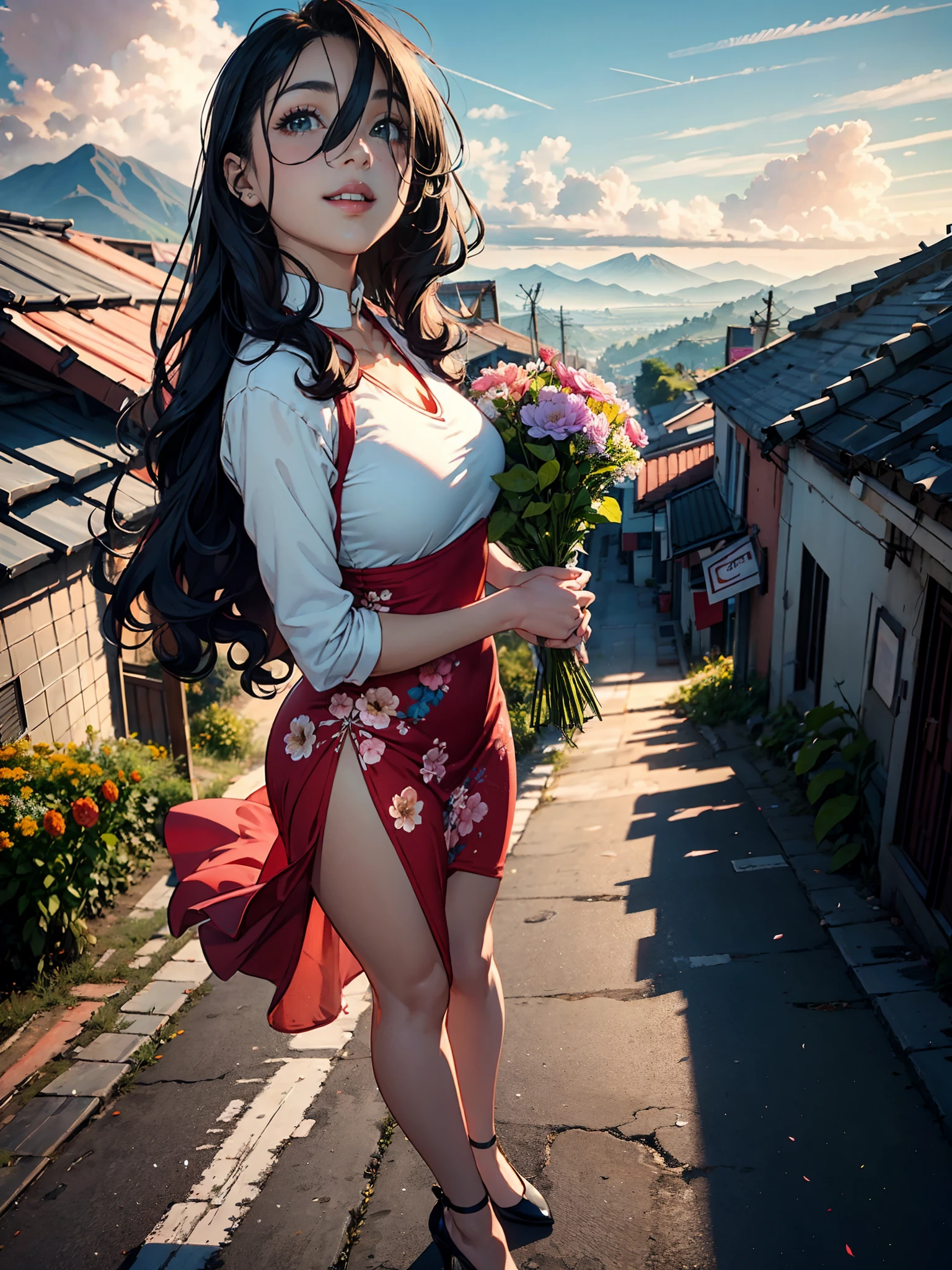 smiling woman in floral dress holding a flowers on a sidewalk, dress with many tiny flowers, dressed with short tight clothes, wearing a flowery dress, beautiful young mizo woman, young mizo woman, with mountains in the background, standing in a township street, standing in township street, 30 years old woman, milf, background is heavenly, distant full body view, thick thighs, big ass, long curly hair, long hair, black hair, curly hair, wearing high heels, looking at camera, tight dress, high quality