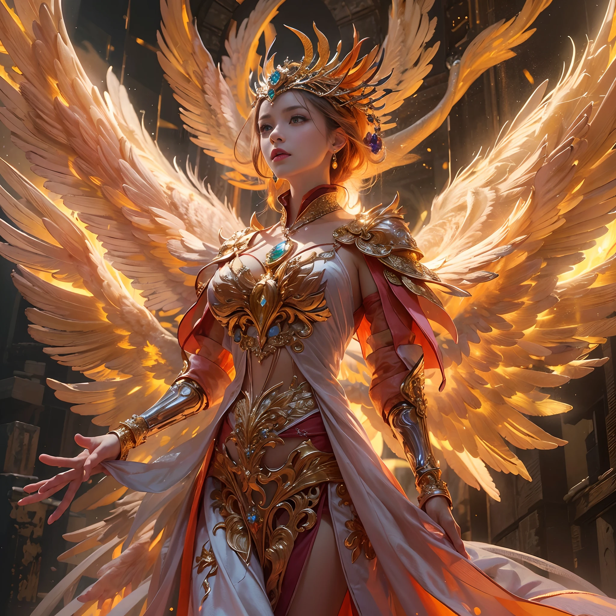 (((nffsw))), (((masutepiece))), (((8K))), (((hight resolution))), (((surrealism))), (((Cinematic lighting))), god rays, Zoom Layer, (((FULL BODYSHOT))), F/4.0, canon, Shiny skin,Detailed skin,Detailed face, Detailed eyes, Goddess of Phoenix Charma, Sharp eye light, See-through elegant dress , Sparkling tiara, Ride the giant phoenix, Feet exposed, Phoenix Shield, Phoenix Sword