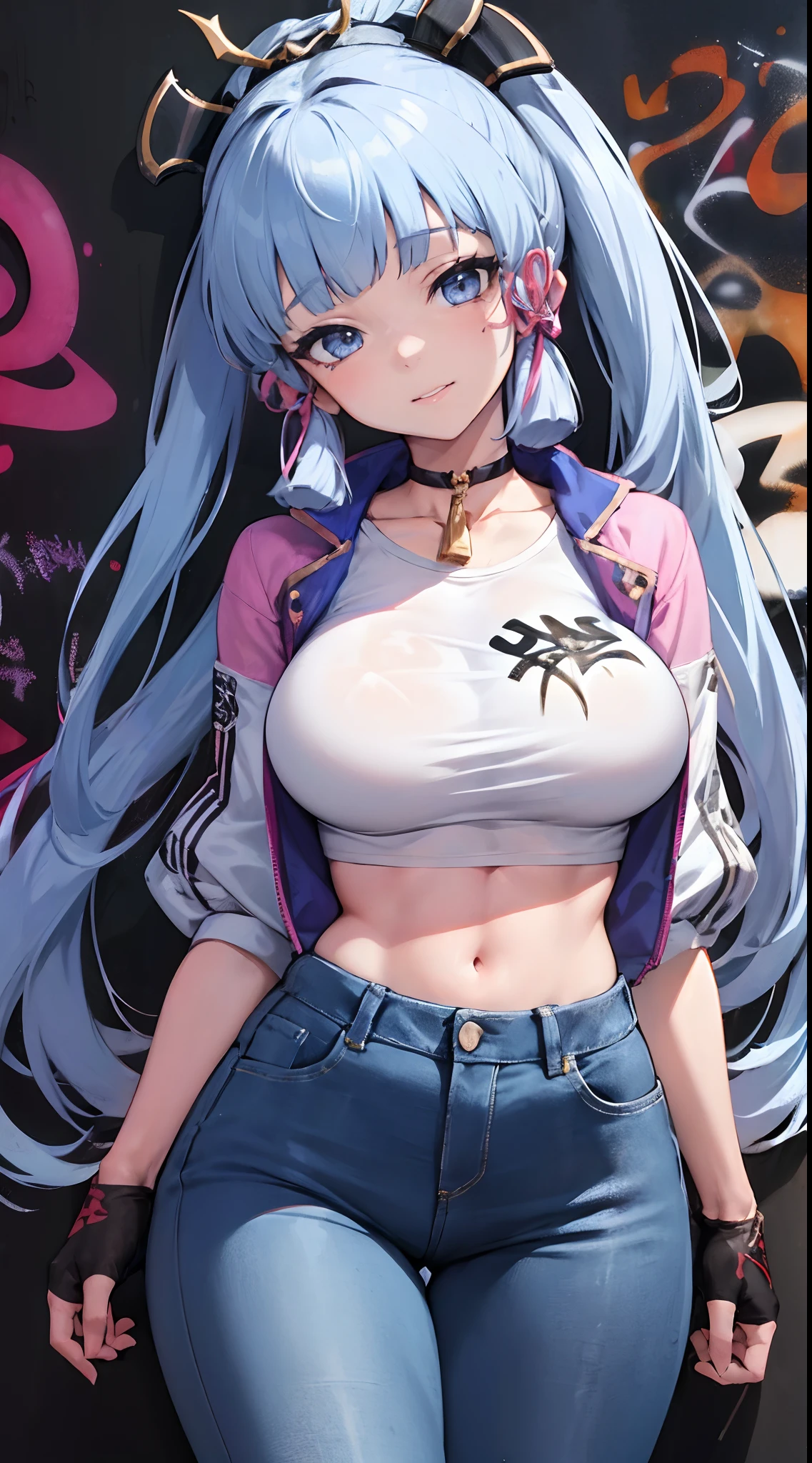 kamisato ayaka|genshin impact, master-piece, bestquality, 1girls,25 years old, proportional body, elongated legs, Beautiful, proportional., crop top, Long Jeans, gigantic breasts, ,bara, crop top, choker, (Graffiti:1.5), Splash with purple lightning pattern., arm behind back, against wall, View viewers from the front., Thigh strap, Head tilt, bored,