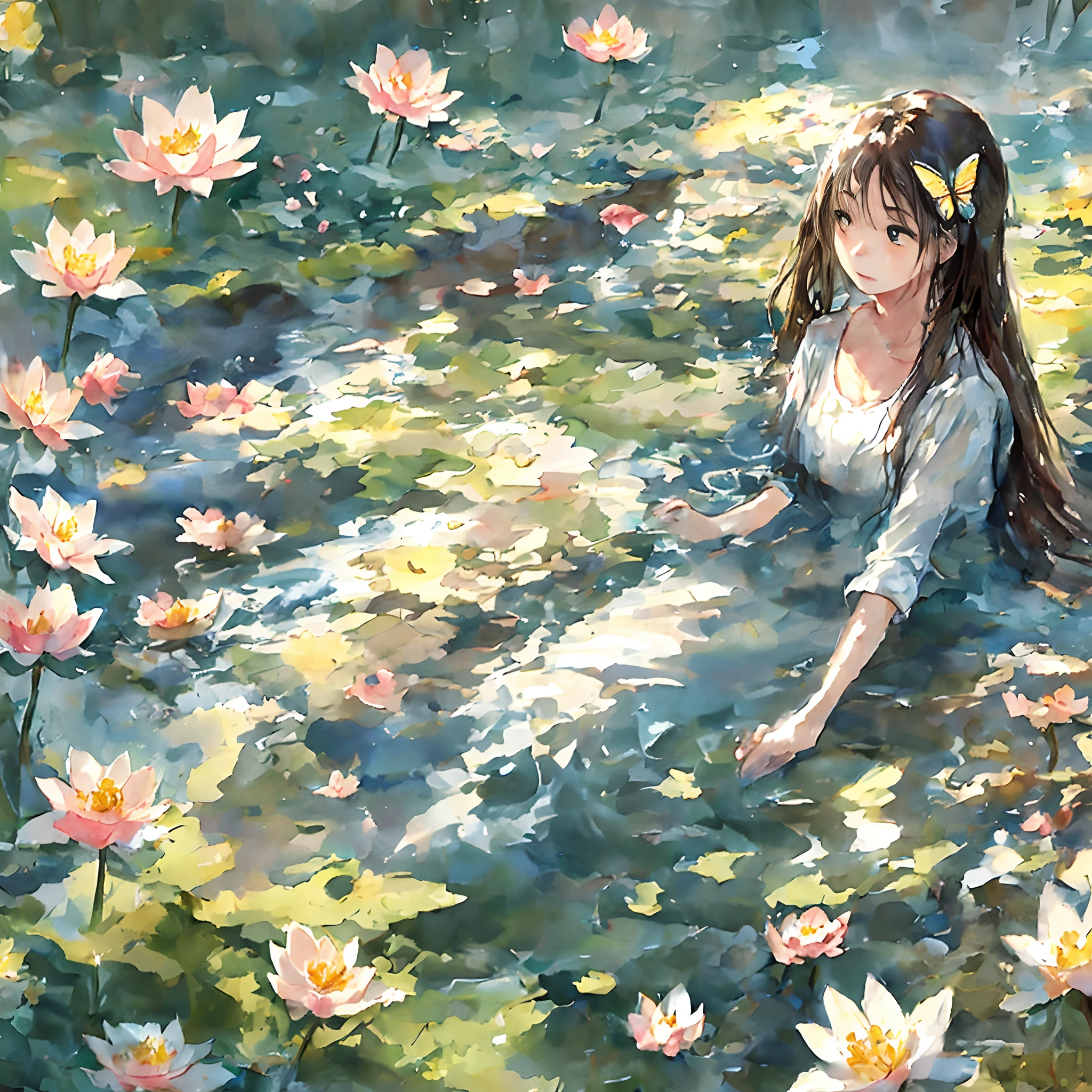 Masterpiece, 1girl,, beautiful and delicate face, age:21, long hair, medium chest, hair flower, water on the skin, shyness, butterfly, meadow, waterfall, lotus, dawn, (very detailed), (realistic), bright colors, bright, deep shadows, dynamic light, colorwater --v6