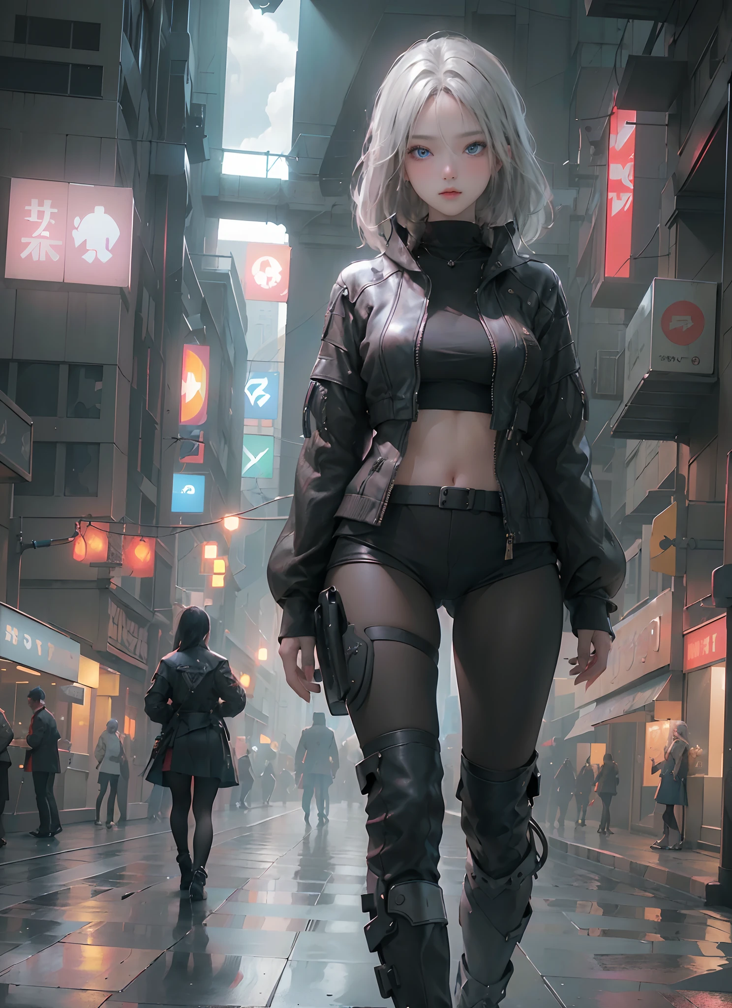 Boutiques,Best quality at best,golden jewelery,(foot slips out),Fairy skin,(Fidelity :1.2),Permanent,超詳細,actual,high qulity,cinematic lighitnglamplight,ray traycing,hyper HD,The upper part of the body, Girl in shorts and jacket standing next to giant robot, Guviz-style artwork, cyberpunk me, CGSTATION trends, guweiz, Russell Dongjun Lu, digital cyberpunk anime art, ross tran 8 k, guweiz on artstation pixiv, Mecha net armor girl