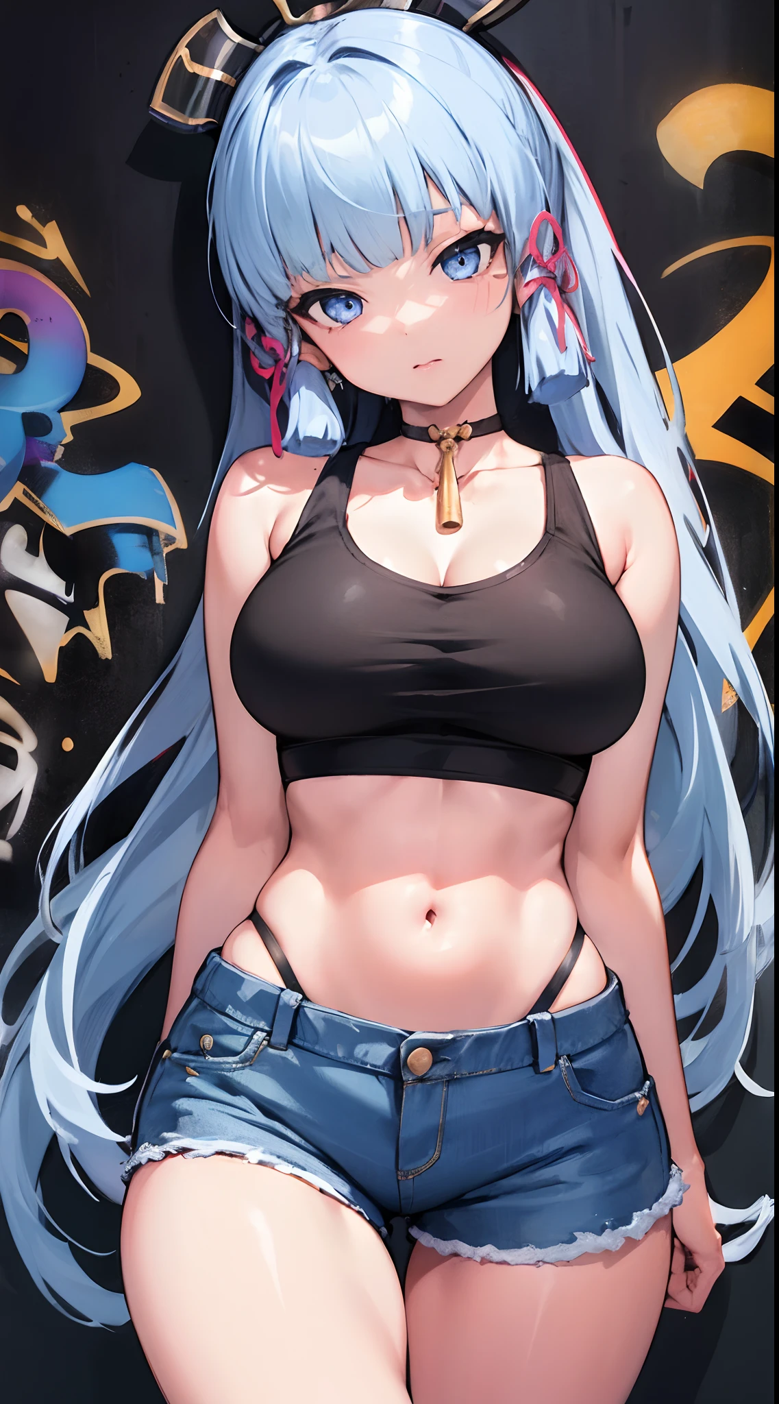 kamisato ayaka|genshin impact, master-piece, bestquality, 1girls,25 years old, proportional body, elongated legs, Beautiful, proportional., crop top, Long Jeans, gigantic breasts, ,bara, crop top, choker, (Graffiti:1.5), Splash with purple lightning pattern., arm behind back, against wall, View viewers from the front., Thigh strap, Head tilt, bored,
