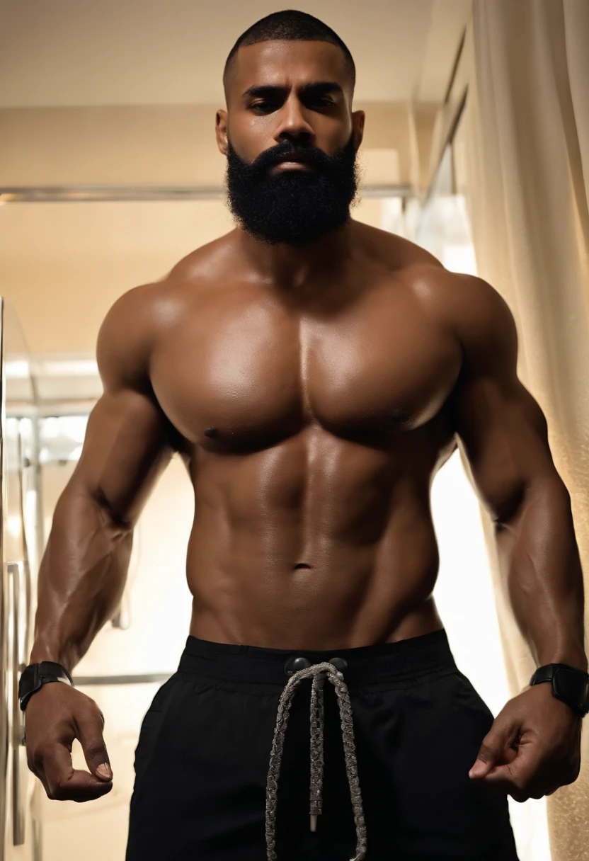 (((2heads))), muscle, Dominican 30yo man, big pecs, big biceps, full body, buzz cut, shower, wet, hands on body, no shirt, big bulge, speedo, very wide shoulders, big thick beard, realistic, beard