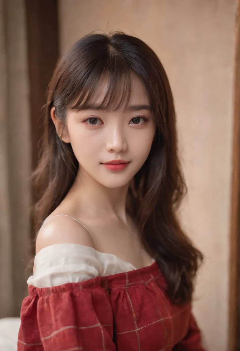 top-quality, Photorealsitic, masterpiece, 8K, Hi-Res, 独奏, 1girl, (((infp young woman))),、full bodyesbian、(small tits), ((Look at viewers)), (look at a camera), ((Various hairstyles close to long))、Perfect straight black hair、((With bangs))、 (profetional lighting), Highly detailed bright face、Gentle Japan girl、Nice smiling face、Red T-shirt(long-sleeve)、Checked pleated skirt、Standing in the room
