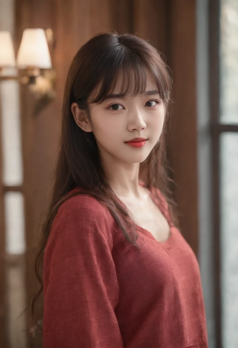 top-quality, Photorealsitic, masterpiece, 8K, Hi-Res, 独奏, 1girl, (((infp young woman))),、full bodyesbian、(small tits), ((Look at viewers)), (look at a camera), ((Various hairstyles close to long))、Perfect straight black hair、((With bangs))、 (profetional lighting), Highly detailed bright face、Gentle Japan girl、Nice smiling face、Red T-shirt(long-sleeve)、Checked pleated skirt、Standing in the room