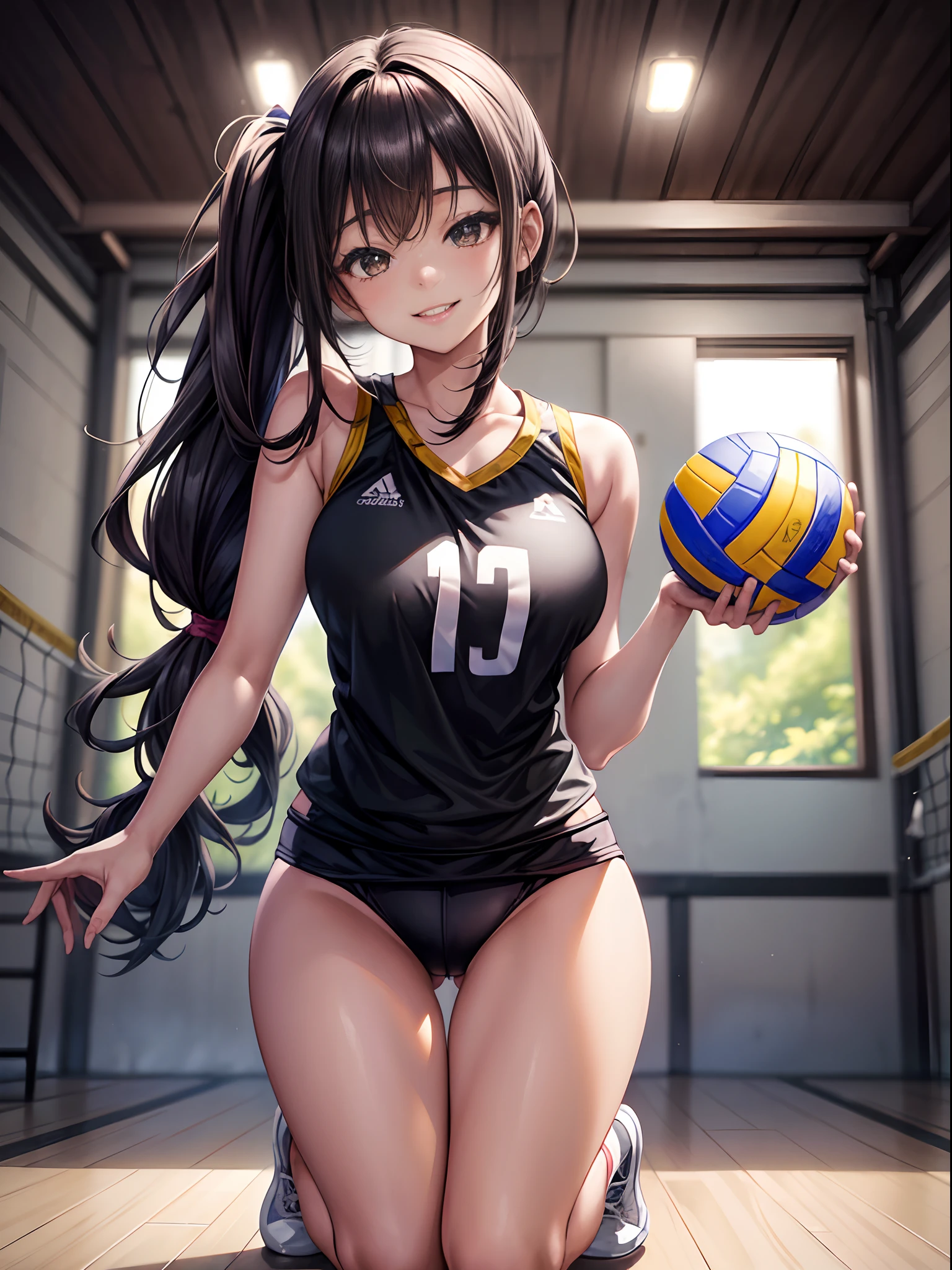 top-quality、Full limbs、complete fingers、one beautiful women、Beautiful Large Breasts、Medium hair、poneyTail、A dark-haired、(Black Volleyball Uniforms:1.3)、Black bloomers、Natural Color Lip、Bold sexy poses、Smile、20 years girl、Sexy shot looking at camera、Gymnasium、Volleyball Court、Kneeling