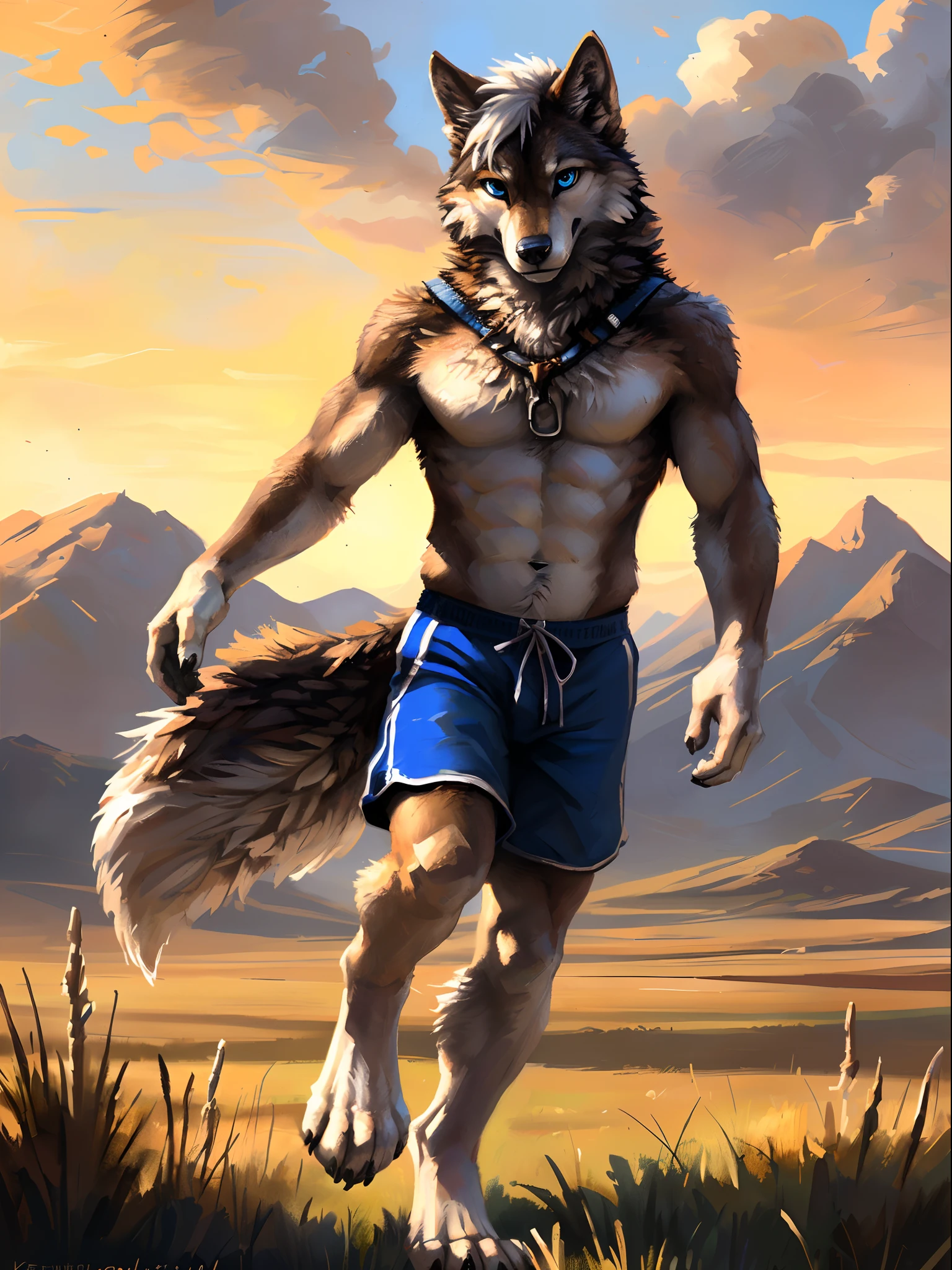 ((Solo)), male people, anthro wolf, (Multi-colored fur, White-brown:1.3), ((Wolf face, White hair, Big eyes, White eyelids, Blue pupil, Slim:1.2) (Tough, Calm expression:1.2)), Abs, Slim, pinging)), (Correct anatomy), (Work shorts:1.1), (Contour bone:1.2), The upper body is naked, (detailed outfits),A big tail，Feet，(Realistic fur, Detailed fur texture, labeled:1.3)), (Natural lighting), Photorealistic, Hyperrealistic, ultradetailed, by Kenket，Endless grasslands，No artifacts，????? through，Running on
