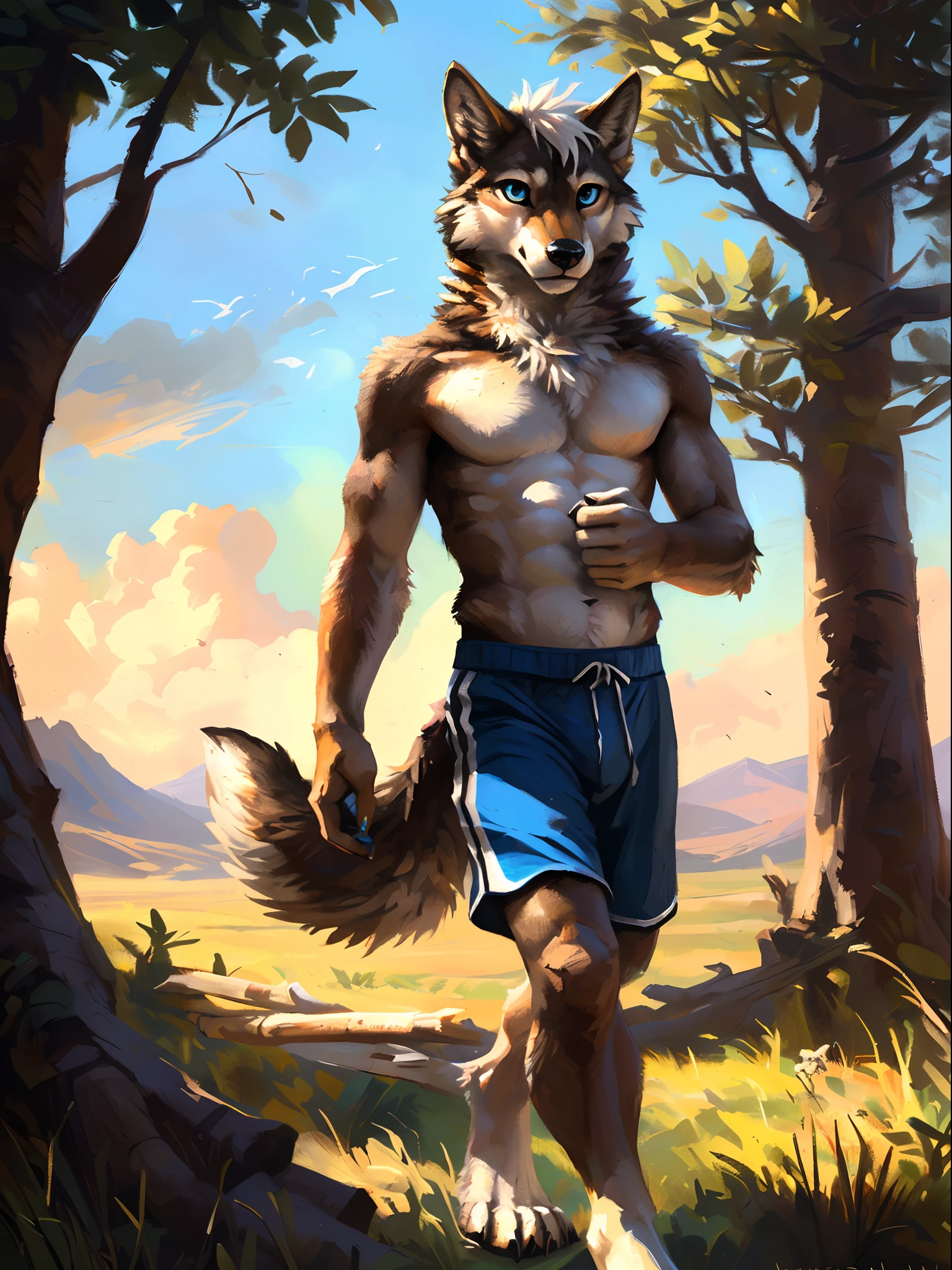 ((Solo)), male people, anthro wolf, (Multi-colored fur, White-brown:1.3), ((Wolf face, White hair, Big eyes, White eyelids, Blue pupil, Slim:1.2) (Tough, Calm expression:1.2)), Abs, Slim, pinging)), (Correct anatomy), (Work shorts:1.1), (Contour bone:1.2), The upper body is naked, (detailed outfits),A big tail，Feet，(Realistic fur, Detailed fur texture, labeled:1.3)), (Natural lighting), Photorealistic, Hyperrealistic, ultradetailed, by Kenket，Endless grasslands，No artifacts，erect through，Running on