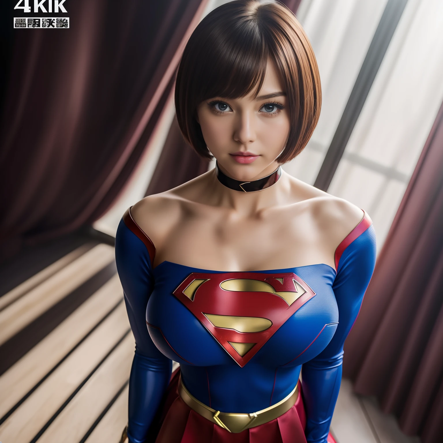 (Best Quality,4K,8K,hight resolution,masutepiece:1.2),Ultra-detailed,Realistic:1.37,Super masterpiece,Short-haired Supergirl、large full breasts、Looking at the camera、Glossy costume、a choker、Too short miniskirt、Magazine covers、tabloid