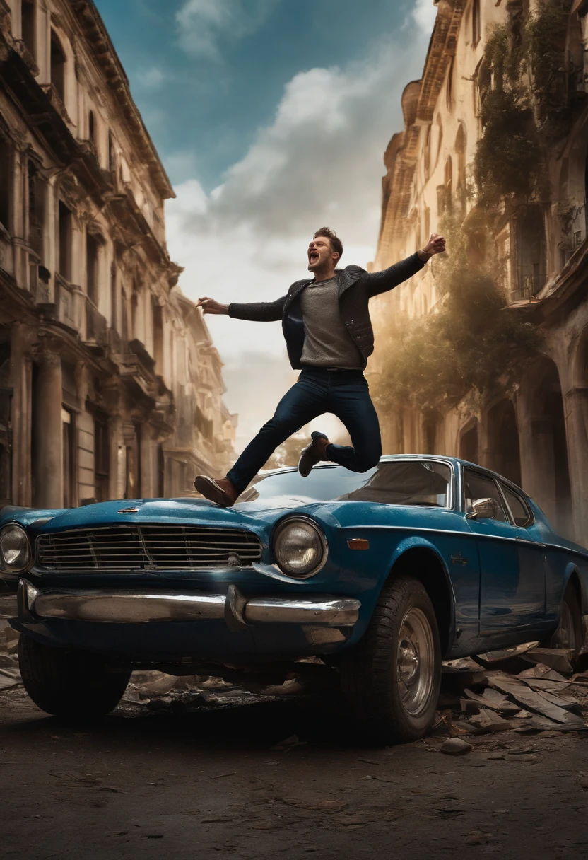 (best quality,4k,8k,highres,masterpiece:1.2), ultra-detailed, (realistic,photorealistic,photo-realistic:1.37), HDR, UHD, studio lighting, extreme detail description, professional, vivid colors, bokeh, portraits, landscape, horror.
A man jumping on the roof of a crashed car. The car, flattened and destroyed, lies in a parking. The man, filled with joy and pride, celebrates his triumphant leap. His expressive face shows happiness and excitement. His eyes, filled with joy, are wide and bright. His lips, curved with a smile, exude contentment. His energetic pose captures the dynamic movement in mid-air.
The crashed car, once a symbol of power and speed, now reduced to a wreck, showcases the destructive force that has been unleashed upon it. The flattened surface, twisted metal, and shattered glass create a dramatic juxtaposition against the man's lively presence.
The artwork is created using a mix of mediums, combining digital illustration techniques with realistic renderings. The use of high-resolution textures and intricate details brings the scene to life. The colors are vibrant and vivid, adding depth and intensity to the image. The lighting enhances the overall atmosphere, casting dramatic shadows and highlights.
Through this artwork, we capture the essence of both triumph and destruction. The man's happiness and pride contrast with the wreckage of the car, creating a thought-provoking visual narrative. The artwork explores the themes of resilience, transformation, and the fleeting nature of success.