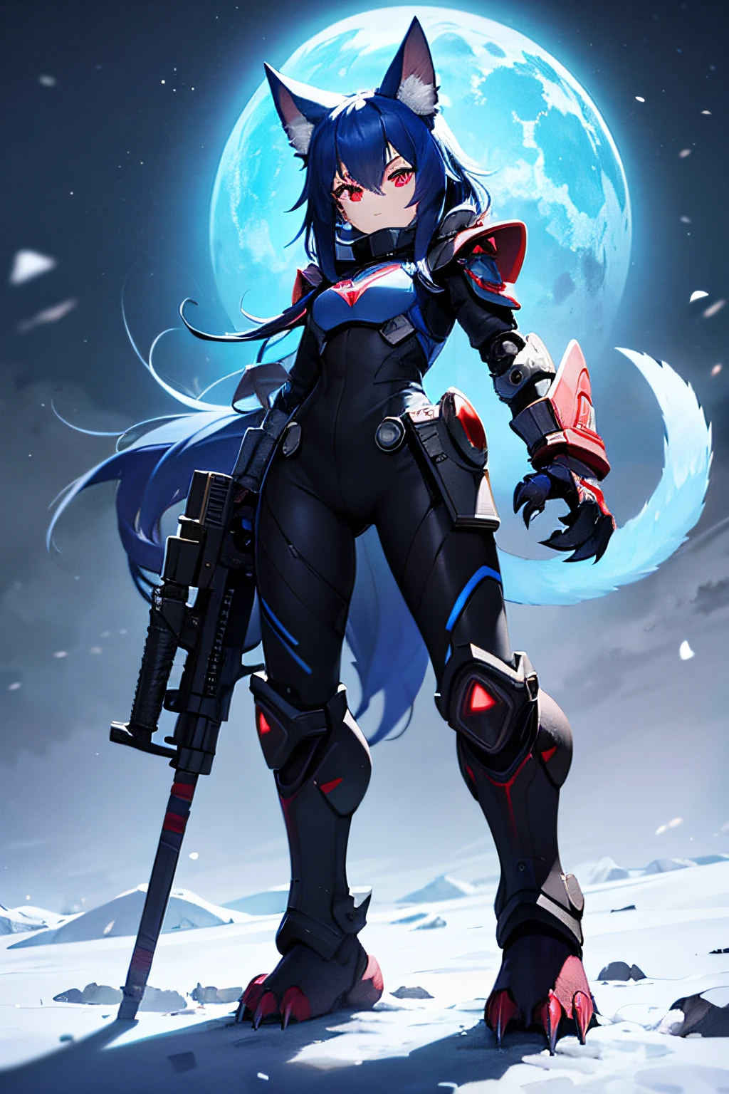 Maserpiece, 1 girl, wearing power armour, blue hair, red eyes, standing in a snowy field, clear nightsky, paw hands, paw feet, glowing claws