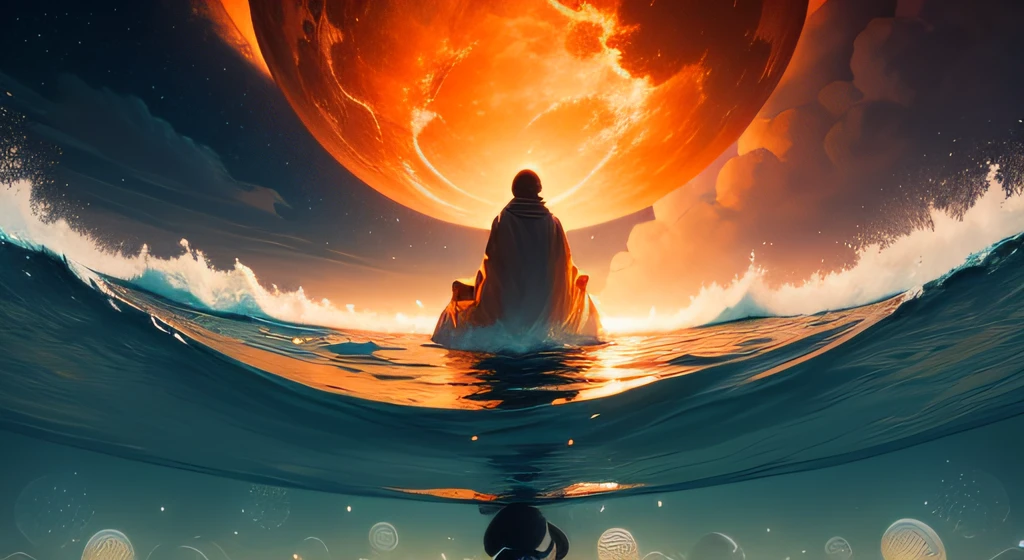 On the Second Day, God's Hand Parts the Waters, Creating a Celestial Divide. Unidentifiable Figures Gaze Upon the Spectacle, Where Mysterious Orange colors Frame the Divine Act in a Symphony of Color and Contrast