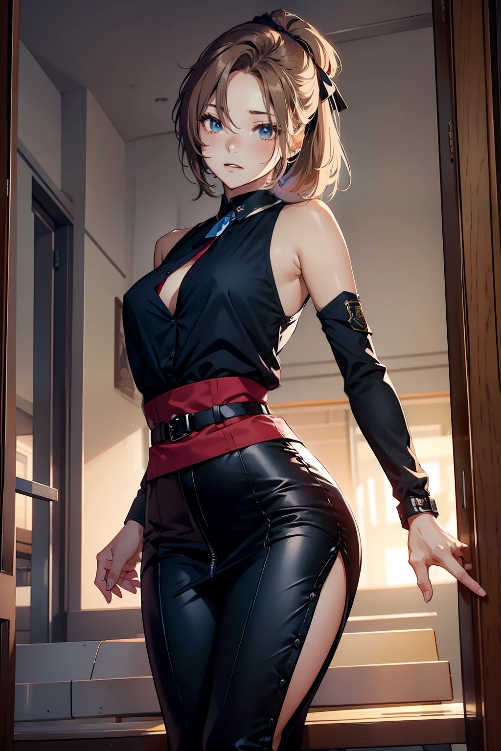 Male and female couples Girl sitting on a chair wearing a tight skirt over a blouse。Boys hugging each other from behind。Boy in high school long pants uniform with mash cut hairstyle。Without glasses
