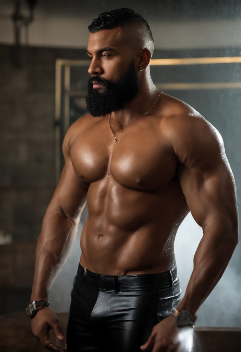 (((2heads))), muscle, Dominican 30yo man, big pecs, big biceps, full body, buzz cut, shower, wet, hands on body, no shirt, big bulge, speedo, very wide shoulders, big thick beard, realistic, beard