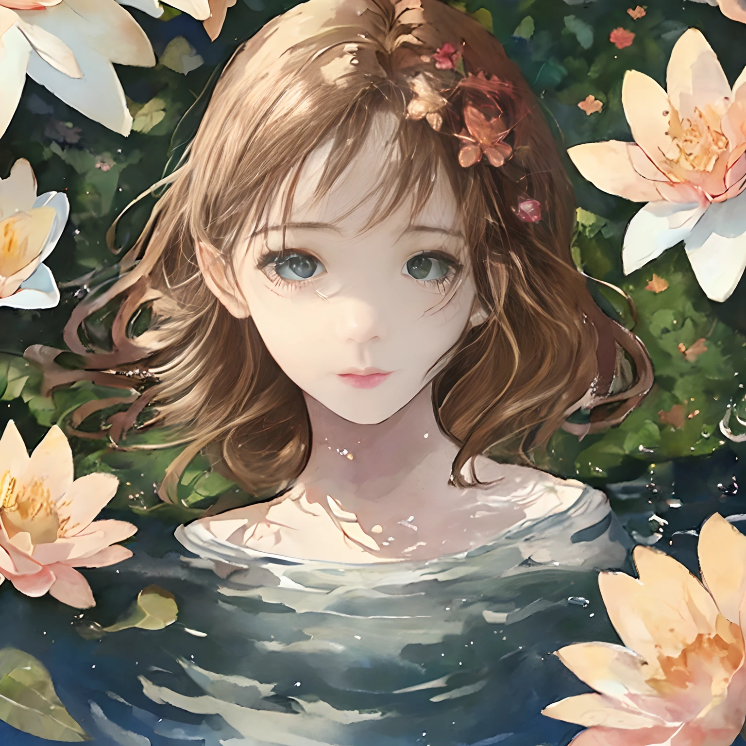 Masterpiece, 1girl,, beautiful and delicate face, age:21, long hair, medium chest, hair flower, water on the skin, shyness, butterfly, meadow, waterfall, lotus, dawn, (very detailed), (realistic), bright colors, bright, deep shadows, dynamic light, colorwater --v6