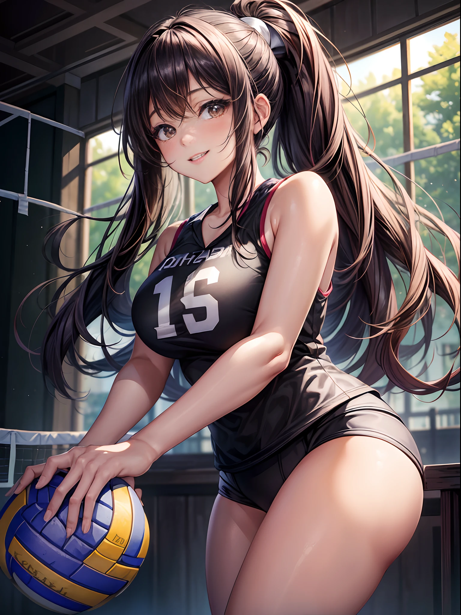 top-quality、Full limbs、complete fingers、one beautiful women、Beautiful Large Breasts、Medium hair、poneyTail、A dark-haired、(Black Volleyball Uniforms:1.3)、Black bloomers、Natural Color Lip、Bold sexy poses、Smile、20 years girl、Sexy shot looking at camera、Gymnasium、Volleyball Court、Hit the serve