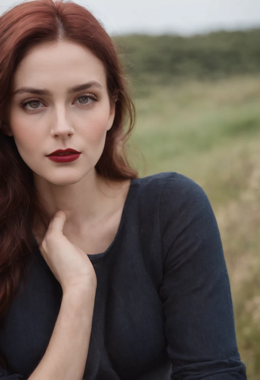 (((A deep reddish wound runs down his left cheek))) teint clair, Woman about 28 years old, cheveux roux naturels, yeux bruns, Porter un chemisier avec bretelles et jeans, mince et gracieux, Joli, Mise au point ultra nette, is kissed by a man of about 35 years old, cheveux bruns naturels, cheveux longs naturels, yeux bruns, with grated beard, portant un T-shirt noir et un jean, Corps normal, Gentil, Candlelight in a medieval setting, Mise au point ultra nette, Realistic shooting, Tetradic colors
