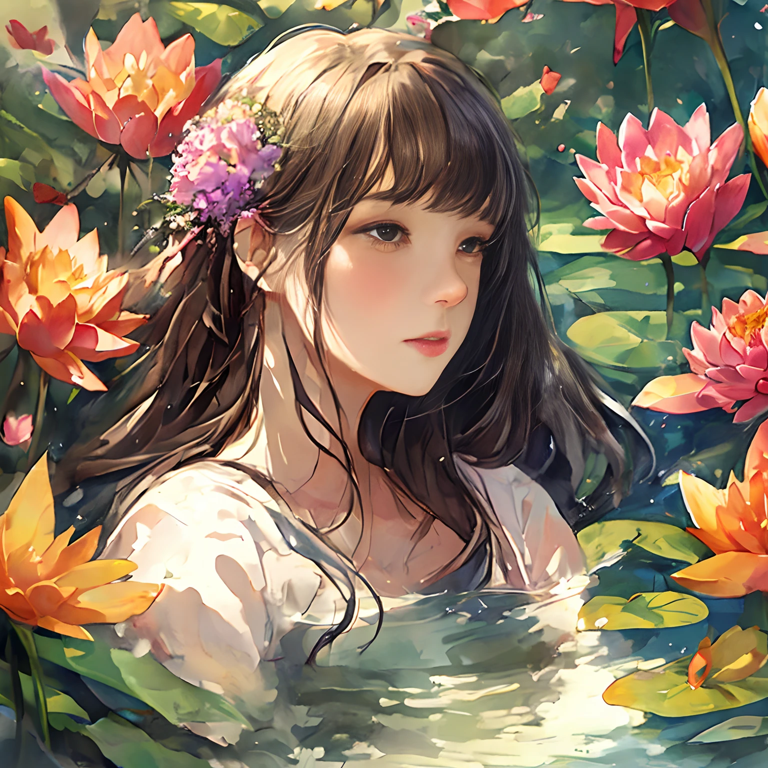 Masterpiece, 1girl,, beautiful and delicate face, age:21, long hair, medium chest, hair flower, water on the skin, shyness, butterfly, meadow, waterfall, lotus, dawn, (very detailed), (realistic), bright colors, bright, deep shadows, dynamic light, colorwater --v6