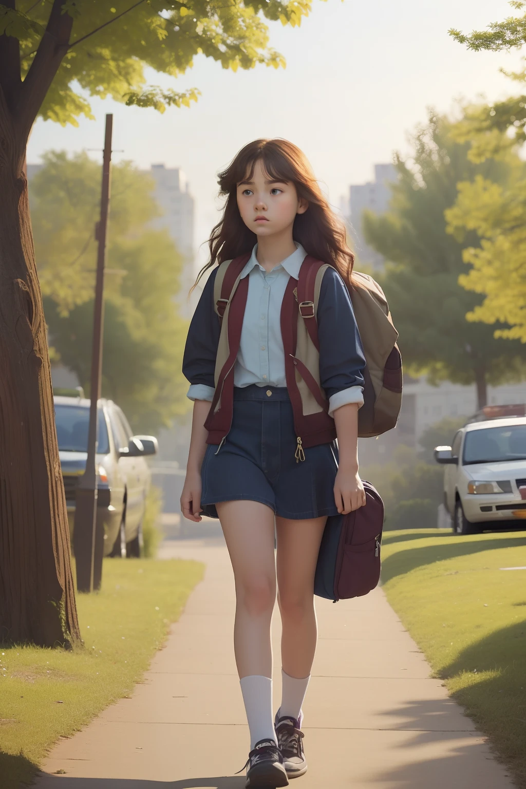 Year: 2012. Location: North River Heights, Manhattan. pre-raphaelite scene with a -yeld gi (plain) and sad, walking to high school with her backpack, ((((2010s clothes)))) ((2010s hairstyle)) ((in the style of "OMITB")) ((cinematic style))