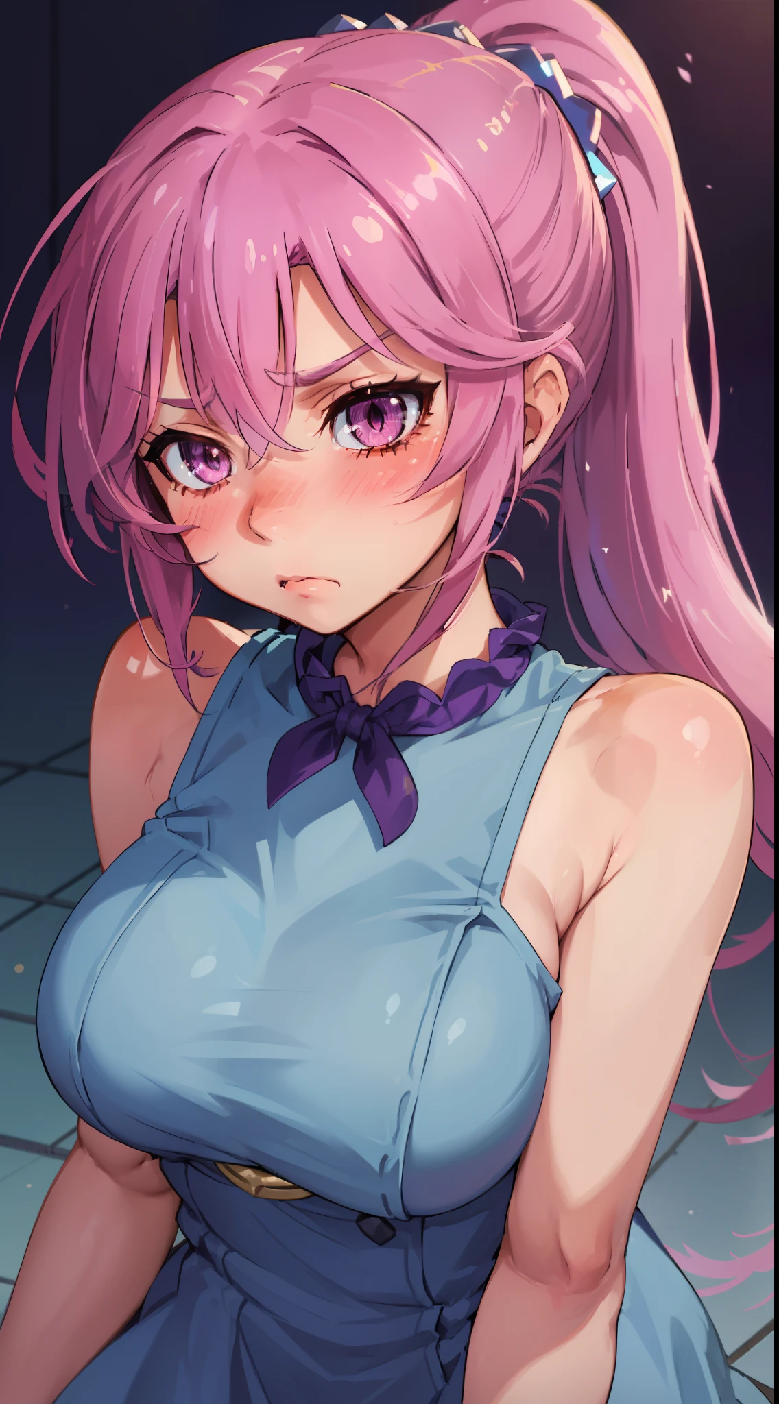 Jibril, ((upper body)), blushed, perfect anatomy, detailed eyes, detailed lips, extremely detailed eyes and face, vivid colors, sharp focus, masterpiece:1.2, ultra-detailed, blushed, ((doggystyle)), (solo), ((blue dress)), sleeveless, (ponytail), (((disdain,  disgust))), looking at viewer