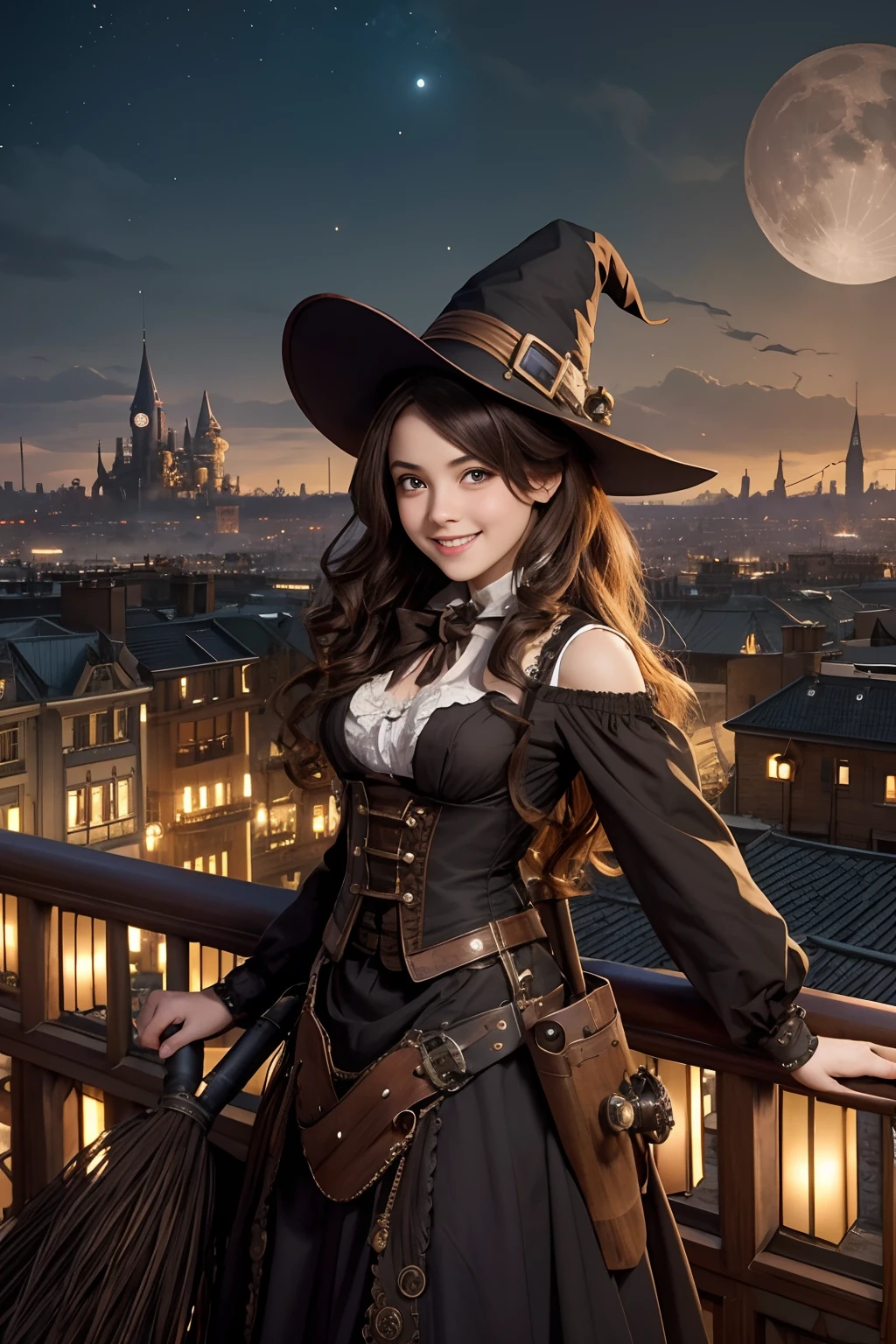steampunkai。one girls。Cute witch。Cheerful smile。long wavy brown ash hair。Long skirt。Take to the skies on a steampunk broom。The background is a steampunk cityscape。Big Moon。