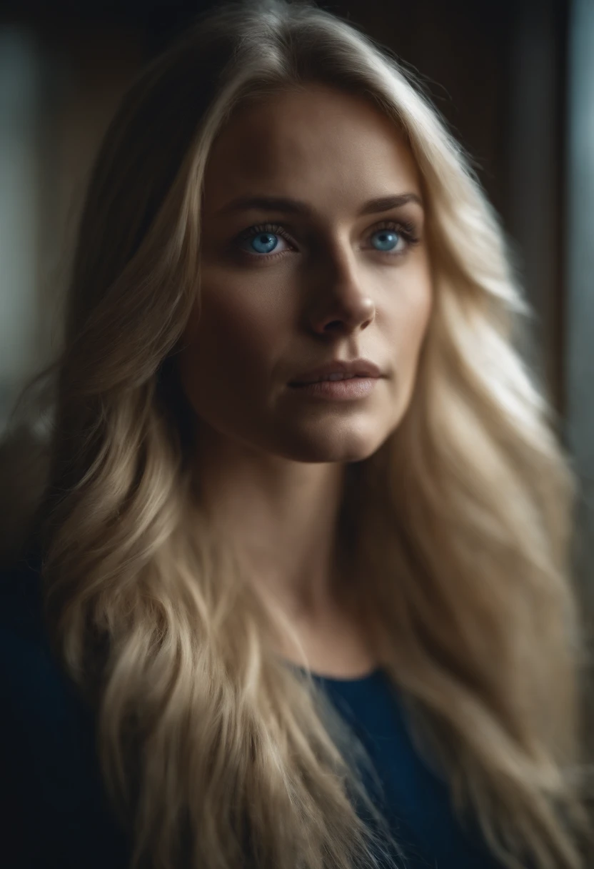 Portrait of a blonde woman with blue eyes with long hair and tall slim