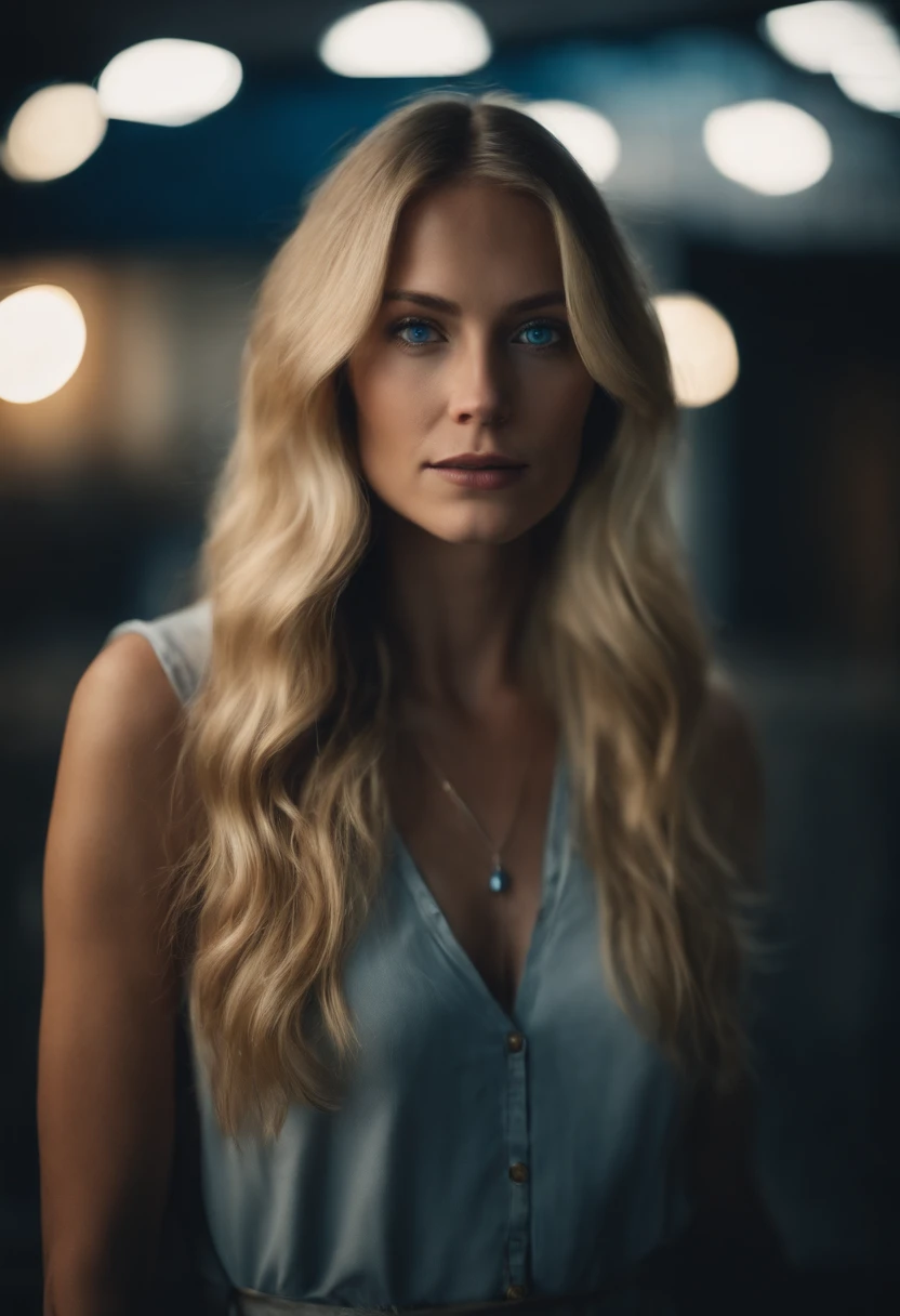 Portrait of a blonde woman with blue eyes with long hair and tall slim