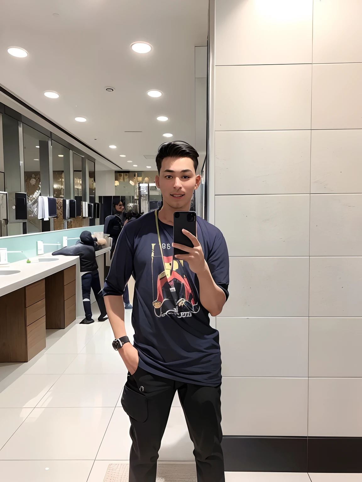 there is a man standing in a bathroom taking a picture of himself, wearing a fisher 🧥, in a mall, 2 , profile picture 1024px, 2 2 years old, 2 7 years old, 21 years ery low quality picture
