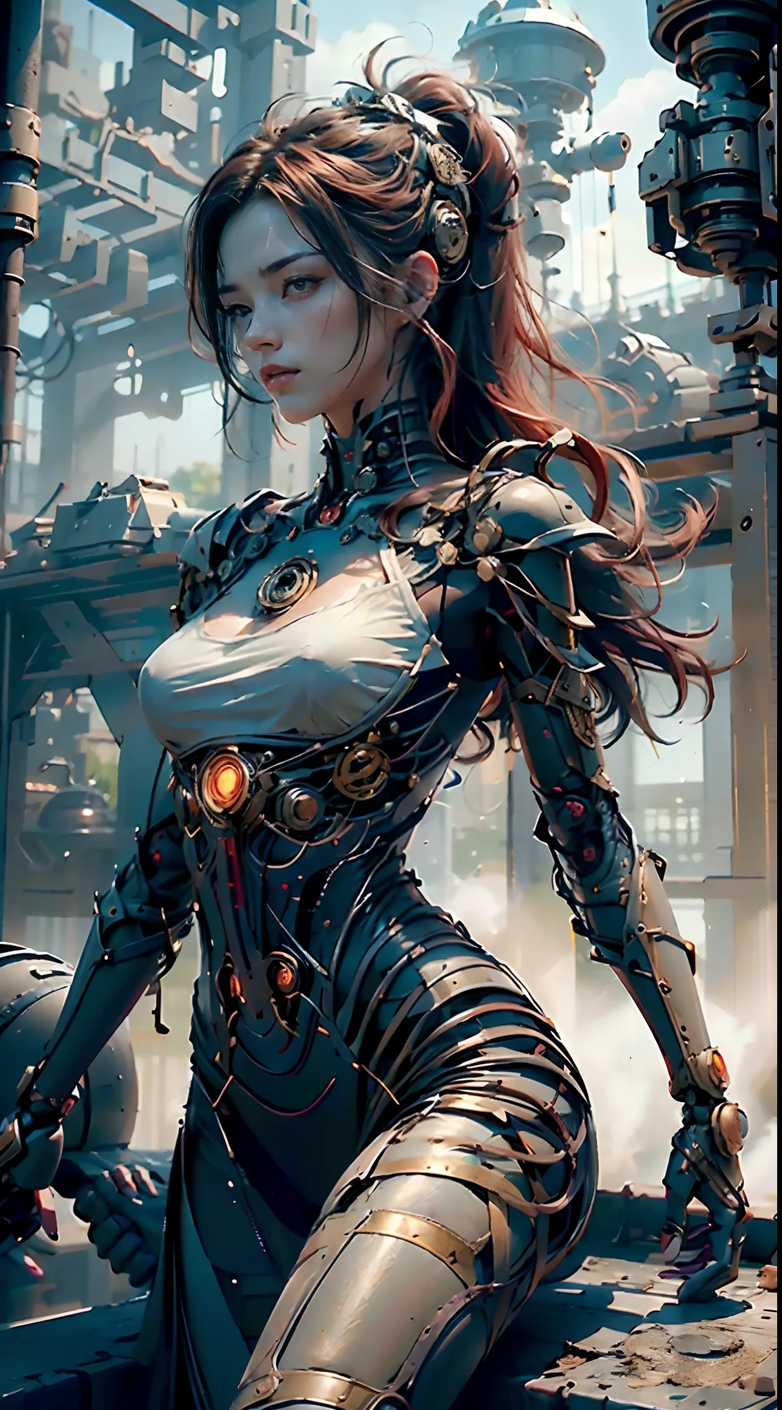 (Best Quality,4K,High resolution), 18yo woman, Red mesh hair on black hair, Long hair, Straight hair, , Comical appearance，facing the front there，android，Artificial human，droid，mechs，Mechanical parts，Mechanical body，Representation of the human body，damaged body，Human body and skin，Expression of regenerated realistic skin texture，Human skin regeneration，reanimation，femele，Cool Woman，long，Red-black mesh hair，facing the front there，sharp eye，irate，glares，Injury，distressed look，Disrepaired Lab，Warehouse background，Delicate depiction drawn down to the smallest detail，Torn clothes with decoration，Disheveled clothes，Realistic portrayal，Vibrant colors，Battle expression，buttle，A sense of dynamism expressed in every detail，action