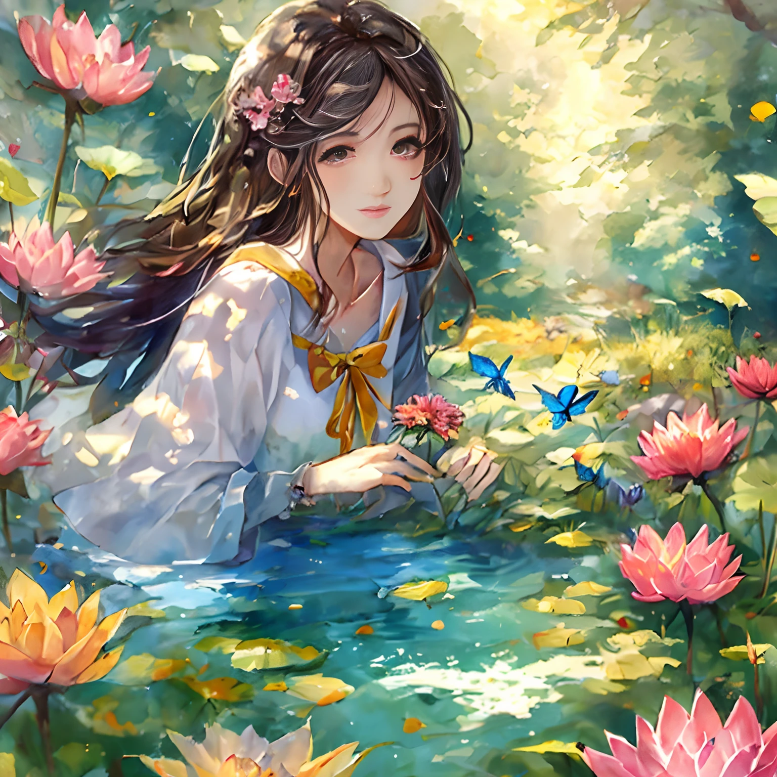 Masterpiece, 1girl,, beautiful and delicate face, age:21, long hair, medium chest, hair flower, water on the skin, shyness, butterfly, meadow, waterfall, lotus, dawn, (very detailed), (realistic), bright colors, bright, deep shadows, dynamic light, colorwater --v6