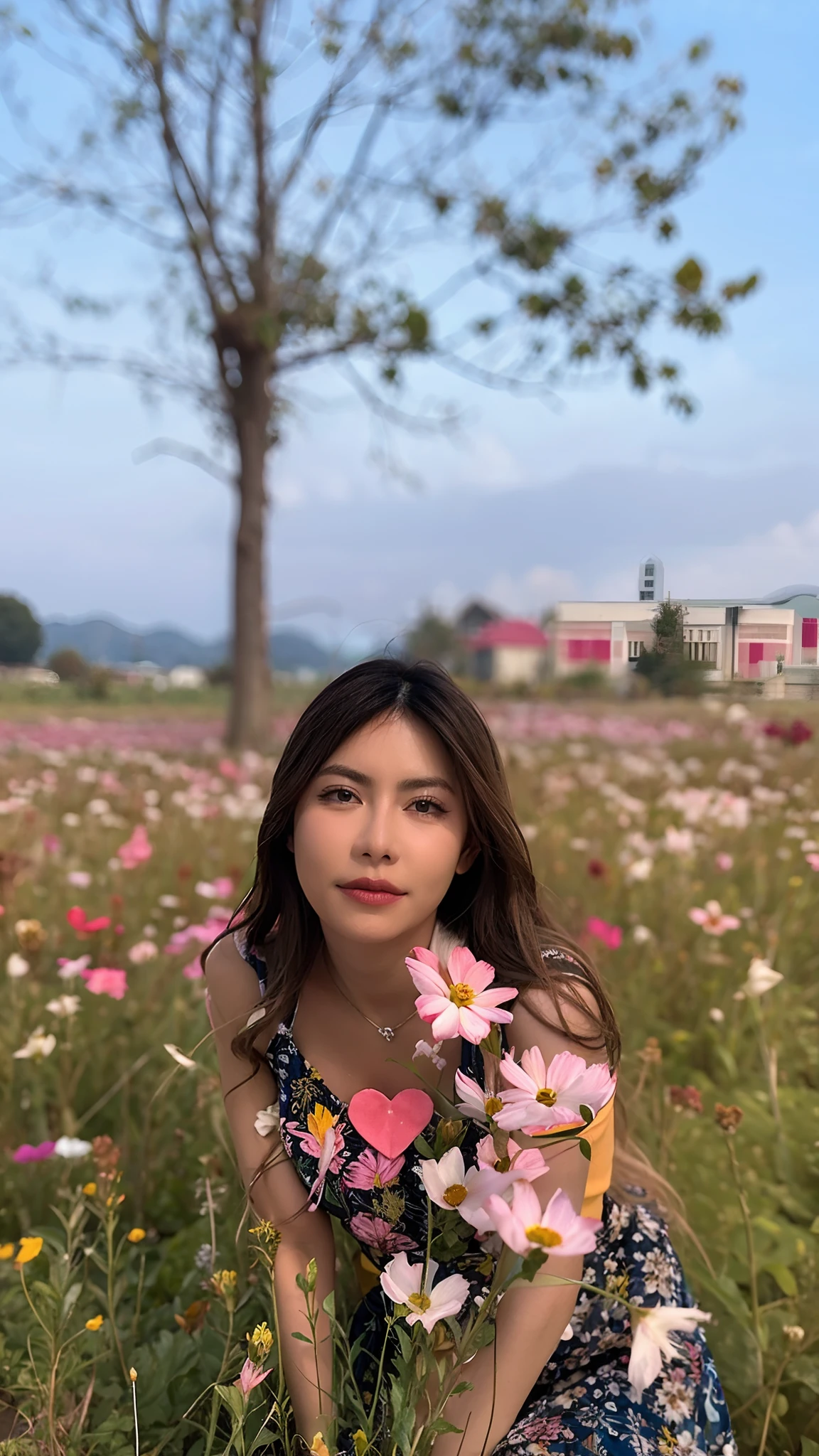 Woman in a field of flowers with a heart in her hand, standing in a flower field, standing in flower field, com campos de flores em primeiro plano, em um campo com flores, Frontal da em um campo da flor, com flores, menina campo de flores, girl standing in a flower field, em um campo de flores, standing in a field with flowers