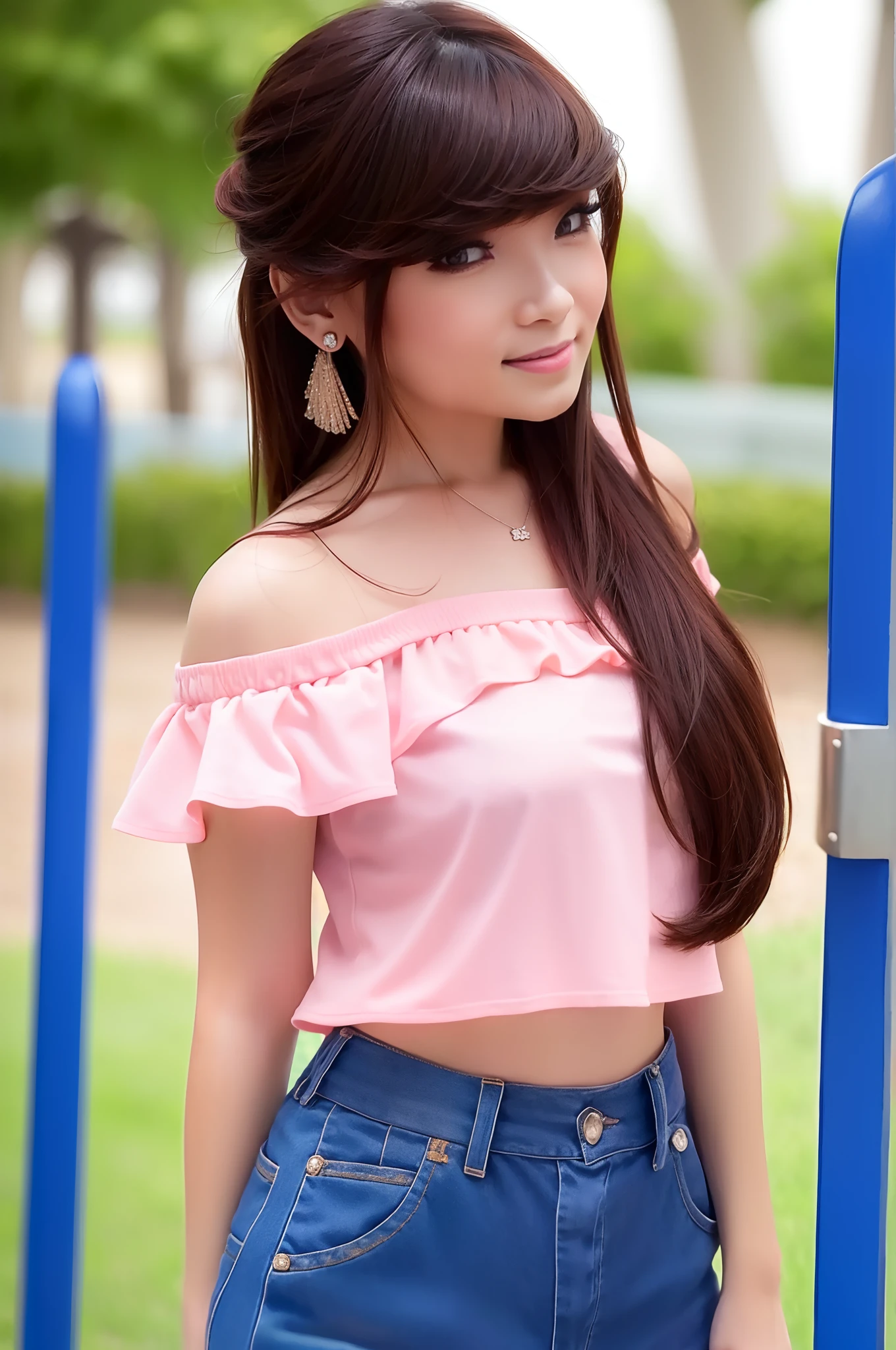 1female, beautiful face, standing feminine style, at the Playground, wearing off-shoulder shirt, hotskirt, love earrings, long bangs hair, full body, close up, little smile, ultra high quality, Masterpiece
