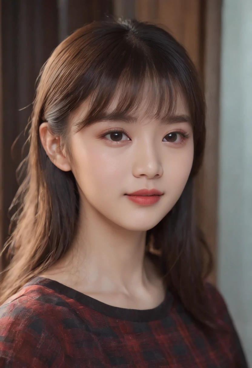 top-quality, Photorealsitic, ​masterpiece, 8K, Hi-Res, 独奏, 1girl, (((infp young woman))),sixteen years old、full bodyesbian、(small tits), ((Look at viewers)), (look at a camera), ((Various hairstyles close to long)）、Perfect straight black hair、((With bangs))、 (profetional lighting), Highly detailed bright face、Gentle Japan girl、Nice smiling face、Red T-shirt（long-sleeve）、Checked pleated skirt、Standing in the room