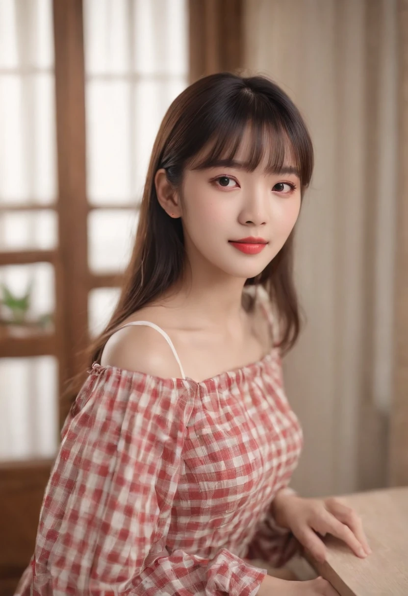 top-quality, Photorealsitic, ​masterpiece, 8K, Hi-Res, 独奏, 1girl, (((infp young woman))),sixteen years old、full bodyesbian、(small tits), ((Look at viewers)), (look at a camera), ((Various hairstyles close to long)）、Perfect straight black hair、((With bangs))、 (profetional lighting), Highly detailed bright face、Gentle Japan girl、Nice smiling face、Red T-shirt（long-sleeve）、Checked pleated skirt、Standing in the room