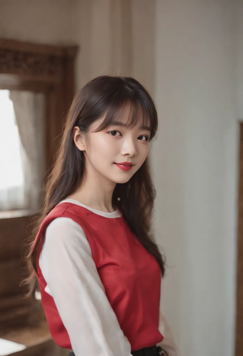 top-quality, Photorealsitic, masterpiece, 8K, Hi-Res, 独奏, 1girl, (((infp young woman))),sixteen years old、full bodyesbian、(small tits), ((Look at viewers)), (look at a camera), ((Various hairstyles close to long))、Perfect straight black hair、With bangs、 (profetional lighting), Highly detailed bright face、Gentle Japan girl、Nice smiling face、Red T-shirt(long-sleeve)、Checked pleated skirt、Standing in front of a white wall