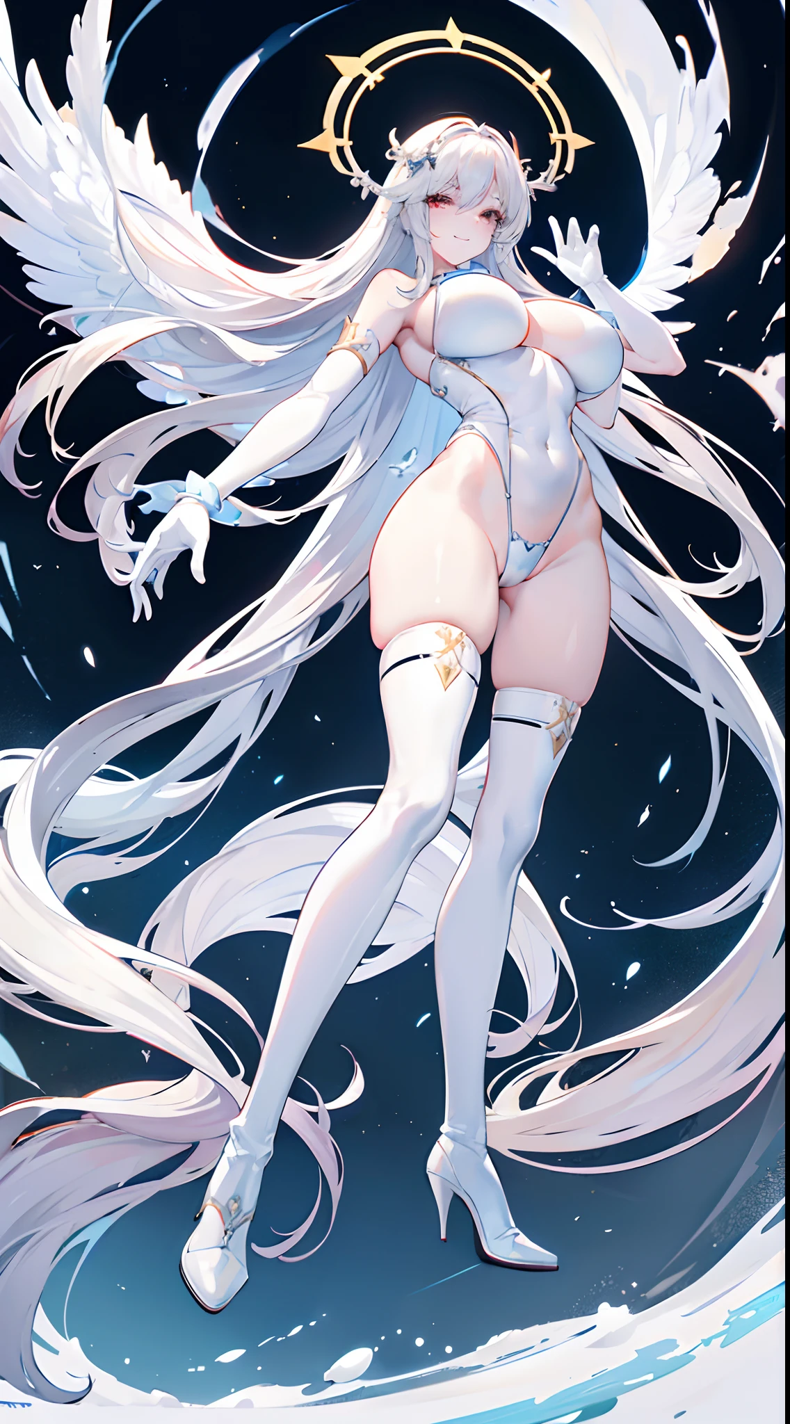 (gigantic breasts:1.2),angelic halo,idol,White long hair,Pale skin,Latex gloves,high-heeled leather boots,stand posture,Full body like,grin face,Black slingshot swimsuit,Mink down shawl,exposing your navel,Expose the armpits,white backgrounid,simplebackground