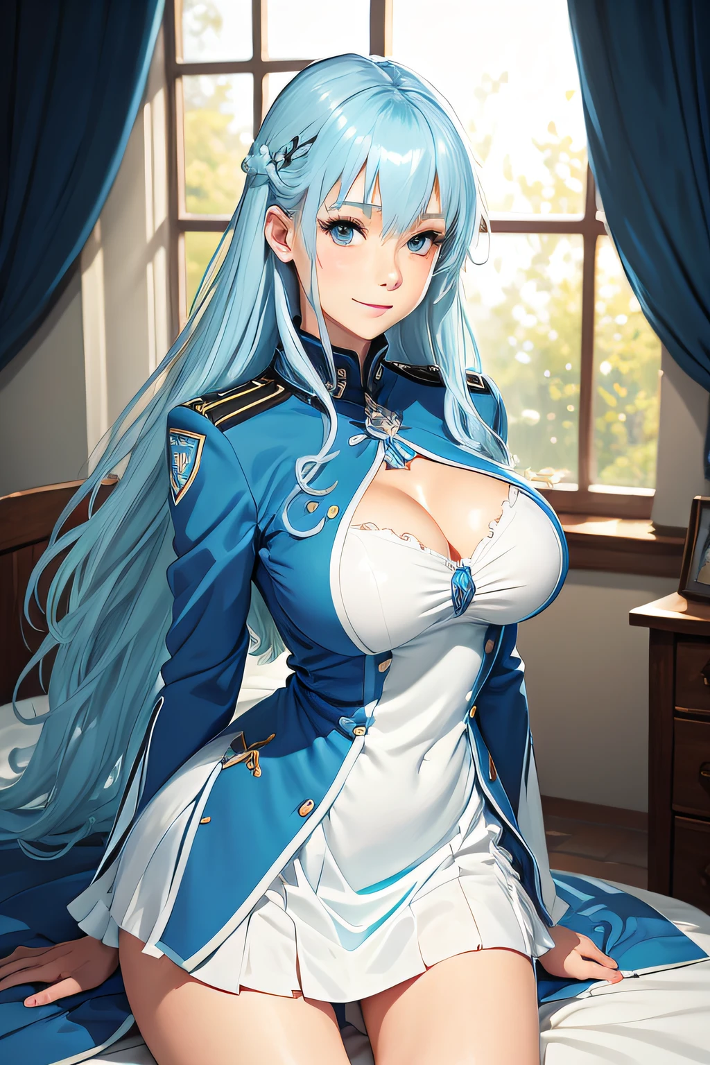 (masutepiece/of the highest quality: 1.4), Superb illustration, Glossy skin, Delicate skin, Super beautiful girl, Super big breasts, Cowgirl, Beautiful face, military outfits, care,Magic Student, Unclear, Smile, Blue eyes, Light blue hair, Blue hair, inside in room, monochromes, Three-dimensional, Posture that emphasizes the chest, Colossal tits,Straight long hair, Blue eyes, Huge breasts,