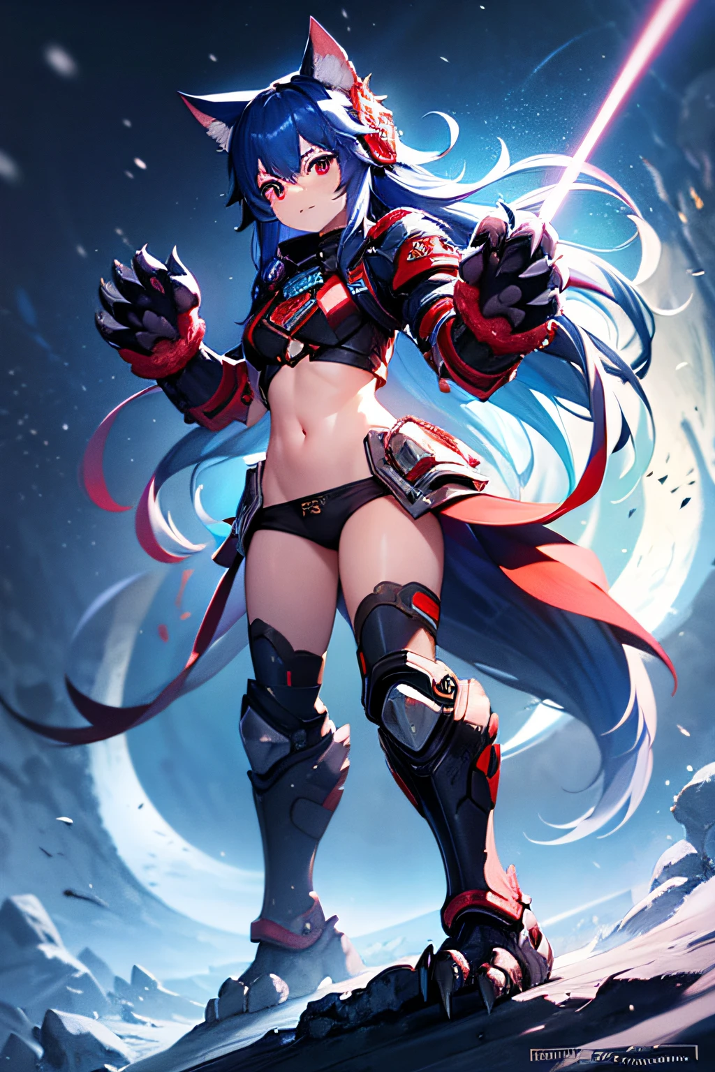 Maserpiece, 1 girl, wearing power armour, blue hair, red eyes, navel, standing in a snowy field, clear nightsky, paw hands, paw feet, glowing claws