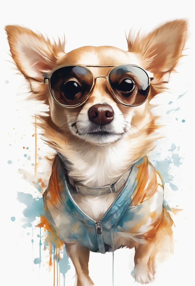 Perfect centering, Cute chihuahua, Wear a student team jacket, Wearing sunglasses, Wearing headphones, cheerfulness, Standing position, Abstract beauty, Centered, Looking at the camera, Facing the camera, nearing perfection, Dynamic, Highly detailed, smooth, Sharp focus, 8K, high definition resolution, illustration, Art by Carne Griffiths and Wadim Kashin, White background