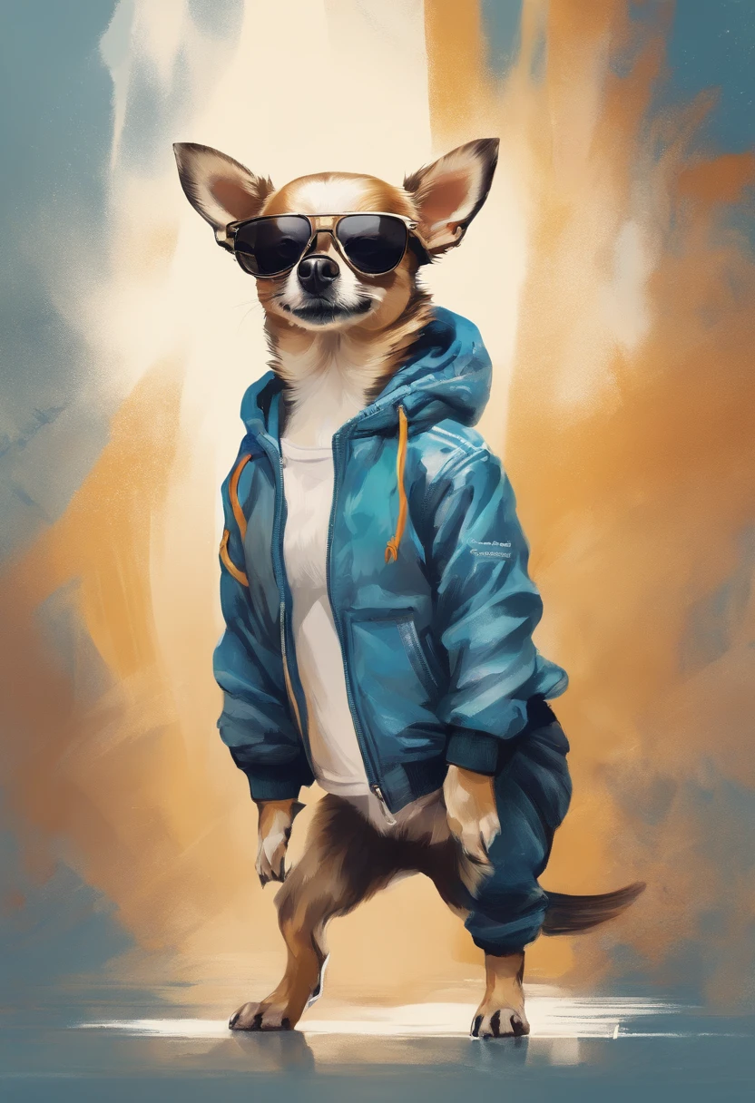 Perfect centering, Cute chihuahua, Wear a student team jacket, Wearing sunglasses, Wearing headphones, cheerfulness, Standing position, Abstract beauty, Centered, Looking at the camera, Facing the camera, nearing perfection, Dynamic, Highly detailed, smooth, Sharp focus, 8K, high definition resolution, illustration, Art by Carne Griffiths and Wadim Kashin, White background