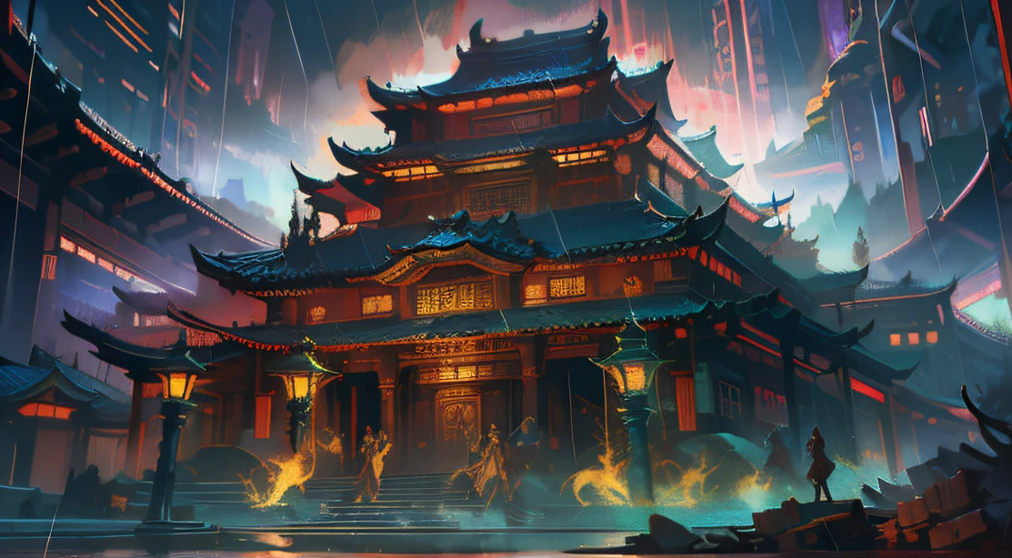 Technologically sensed city,darkly,Flashing,People come and go in the city, animation, Technology development,tmasterpiece, Better quality, Still photography, Fantasy fairy tale international prosperous ancient temple,The ancient temple group has a large number of dougong tenon and tenon structures,A huge bronze bell flew over the mountains,Visibility is particularly high,depth of fields, Ghost God Night,it is raining,Light rainy night,The fire burst into the sky,Smoke billowed out,Telephoto lens for long-range shooting,Bucket arch mortise and tenon structure,Inverted building,unfathomed