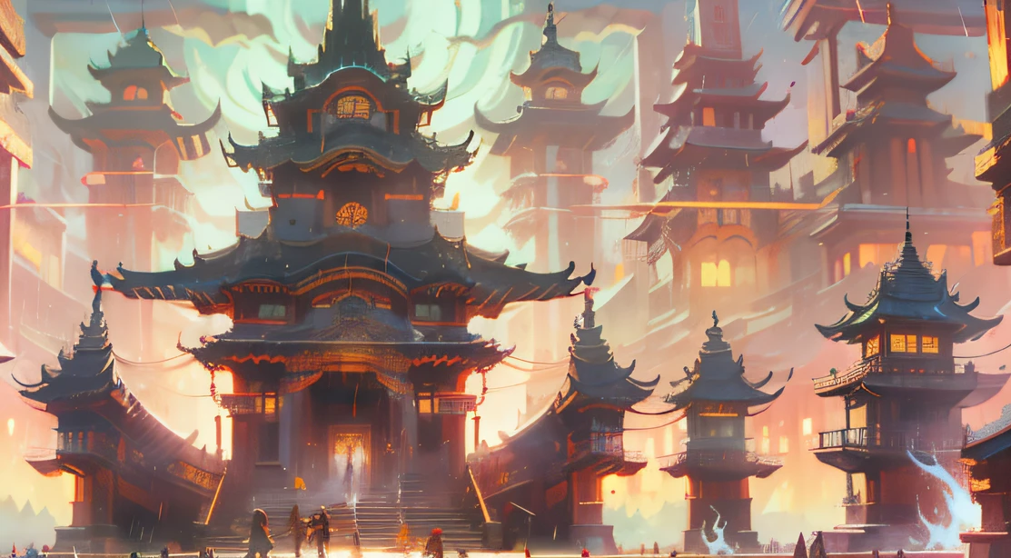 Technologically sensed city,darkly,Flashing,People come and go in the city, animation, Technology development,tmasterpiece, Better quality, Still photography, Fantasy fairy tale international prosperous ancient temple,The ancient temple group has a large number of dougong tenon and tenon structures,A huge bronze bell flew over the mountains,Visibility is particularly high,depth of fields, Ghost God Night,it is raining,Light rainy night,The fire burst into the sky,Smoke billowed out,Telephoto lens for long-range shooting,Bucket arch mortise and tenon structure,Inverted building,unfathomed