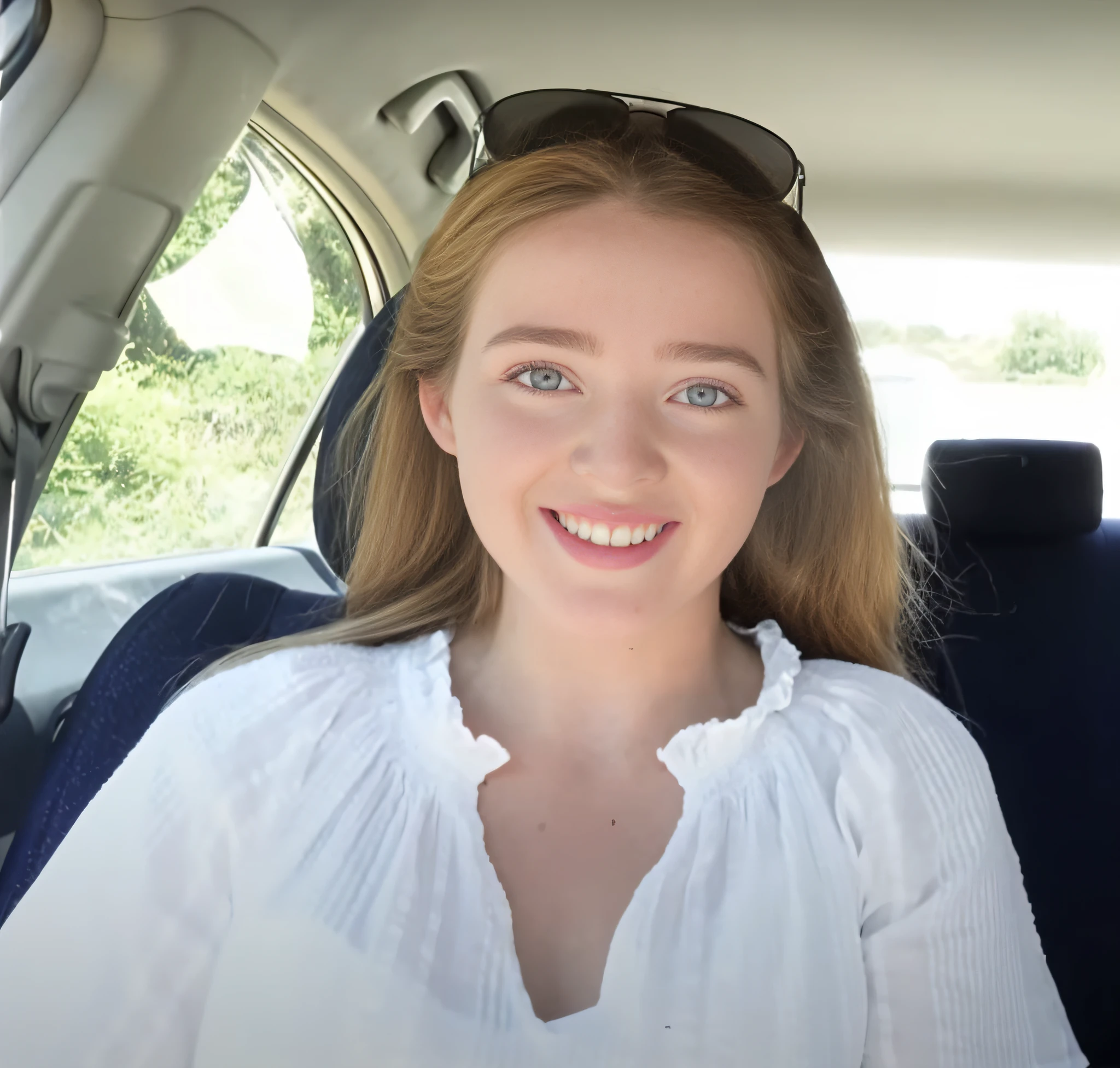 Woman in a car with a white shirt and sunglasses in, she is smiling and excited, sentada em seu carro, youtube video screenshot, em uma regata branca cantando, Sidnei Sweeney, uma jovem fofa, dirigindo um carro, ela expressando alegria, foto da mulher jovem, staring directly at camera, mulher jovem bonito, she is smiling and happy, low quality video, driving