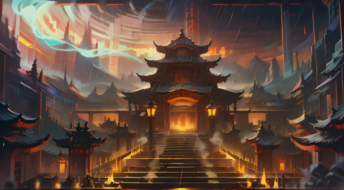 Technologically sensed city,darkly,Flashing,People come and go in the city, animation, Technology development,tmasterpiece, Better quality, Still photography, Fantasy fairy tale international prosperous ancient temple,The ancient temple group has a large number of dougong tenon and tenon structures,A huge bronze bell flew over the mountains,Visibility is particularly high,depth of fields, Ghost God Night,it is raining,Light rainy night,The fire burst into the sky,Smoke billowed out,Telephoto lens for long-range shooting,Bucket arch mortise and tenon structure,Inverted building,unfathomed