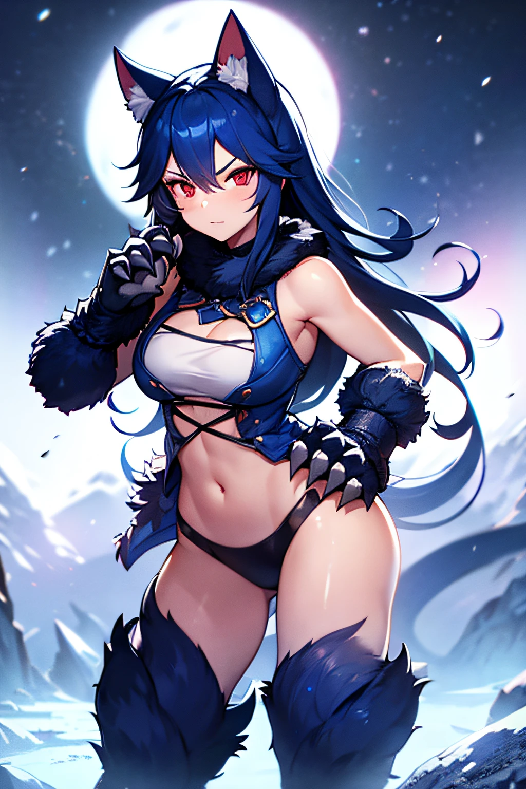 Maserpiece, 1 girl, wearing power armour, blue hair, red eyes, navel, standing in a snowy field, clear nightsky, paw hands, paw feet, glowing claws