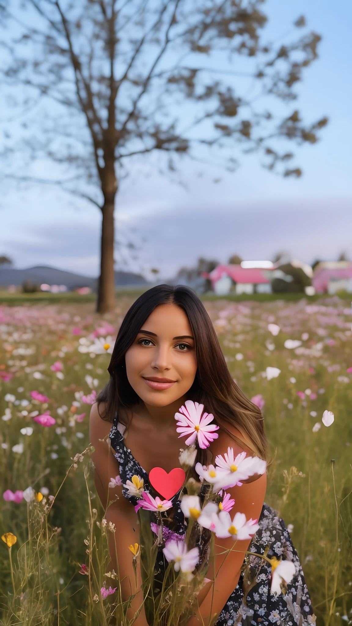 woman in a field of flowers with a heart in her hand, standing in a flower field, standing in flower field, with flower fields as foreground, in a field with flowers, girl frontal in a flower field, with flowers, girl in a flower field, girl standing in a flower field, in a field of flowers, standing in a field with flowers